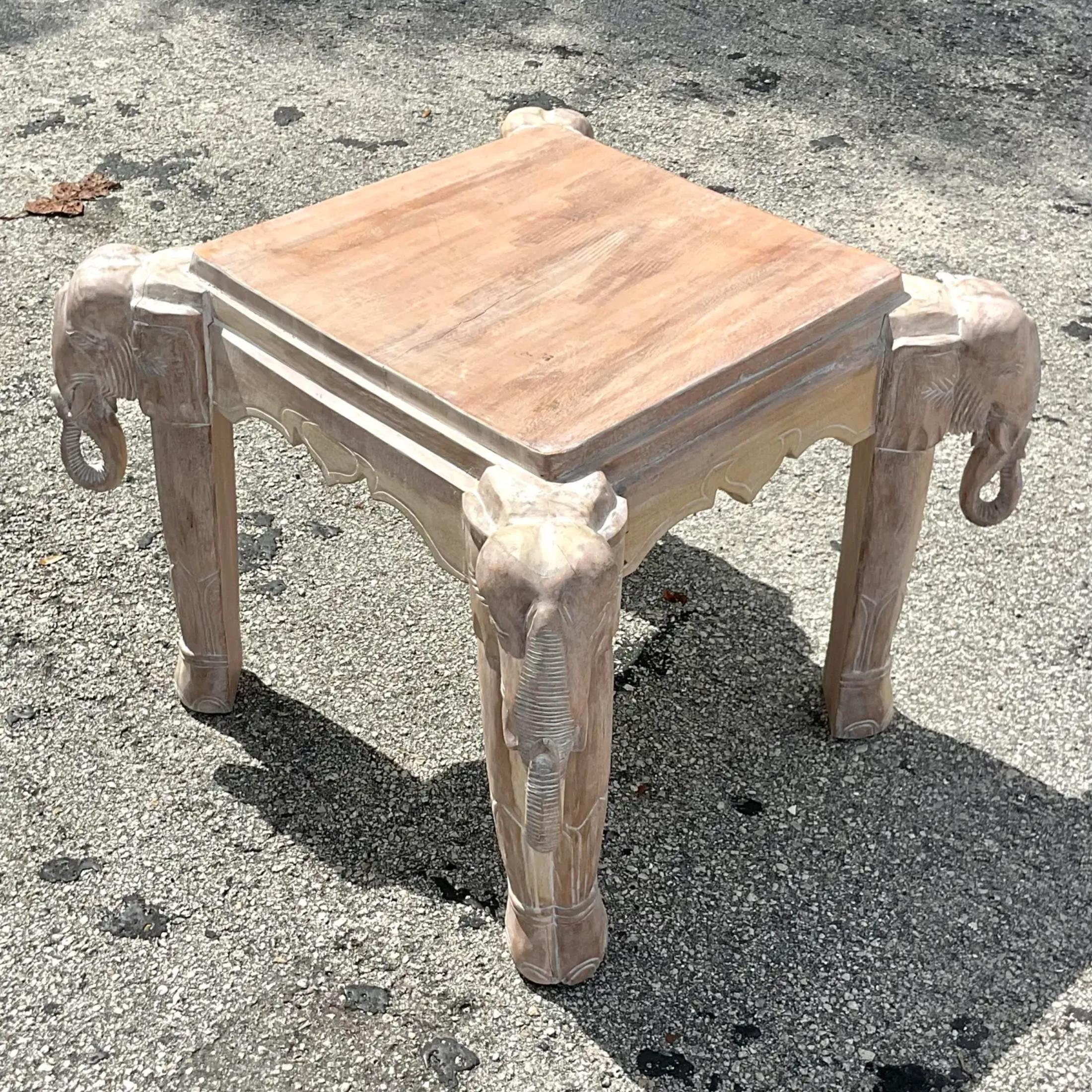 American Late 20th Century Vintage Boho Cerused Carved Elephant Table
