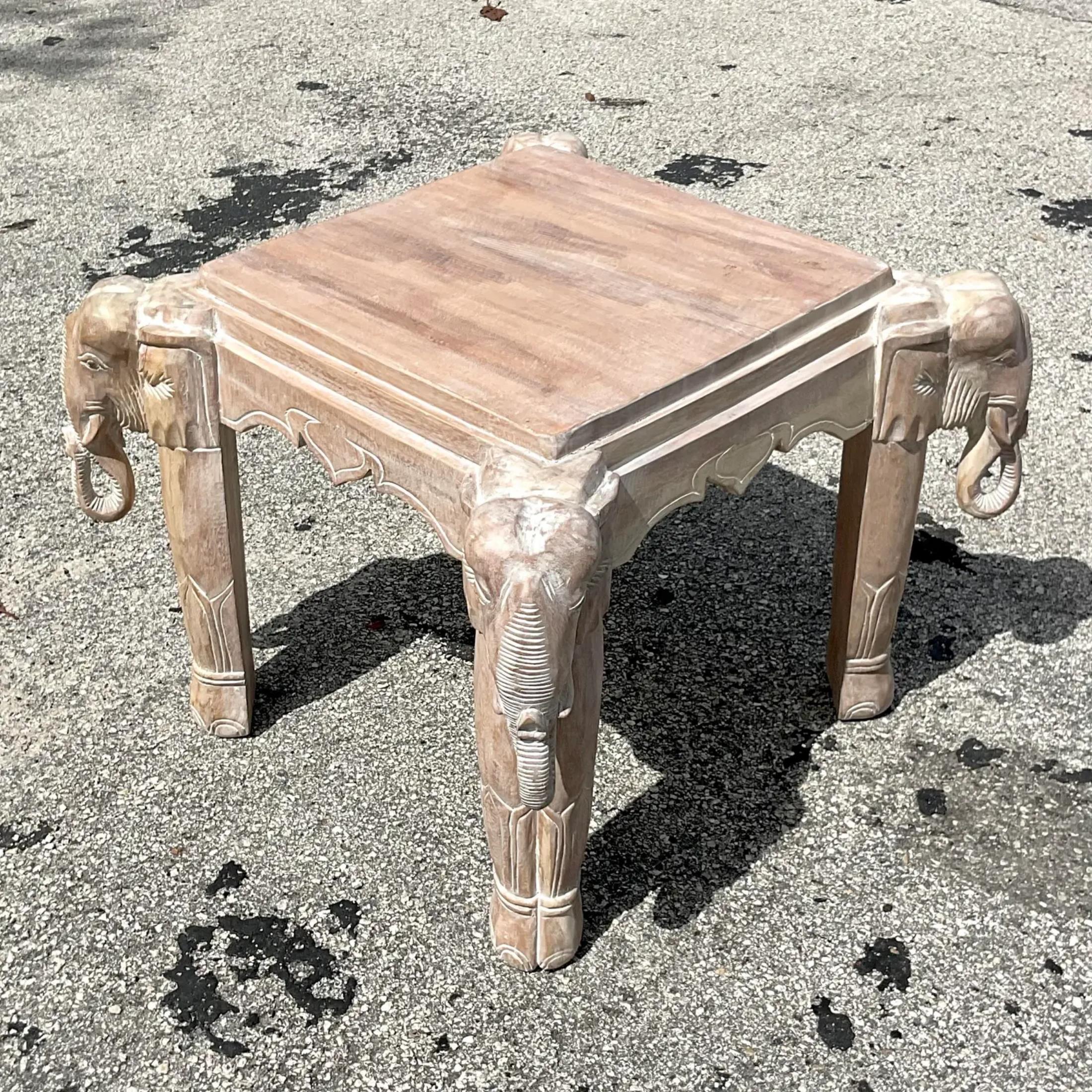 Late 20th Century Vintage Boho Cerused Carved Elephant Table In Good Condition In west palm beach, FL