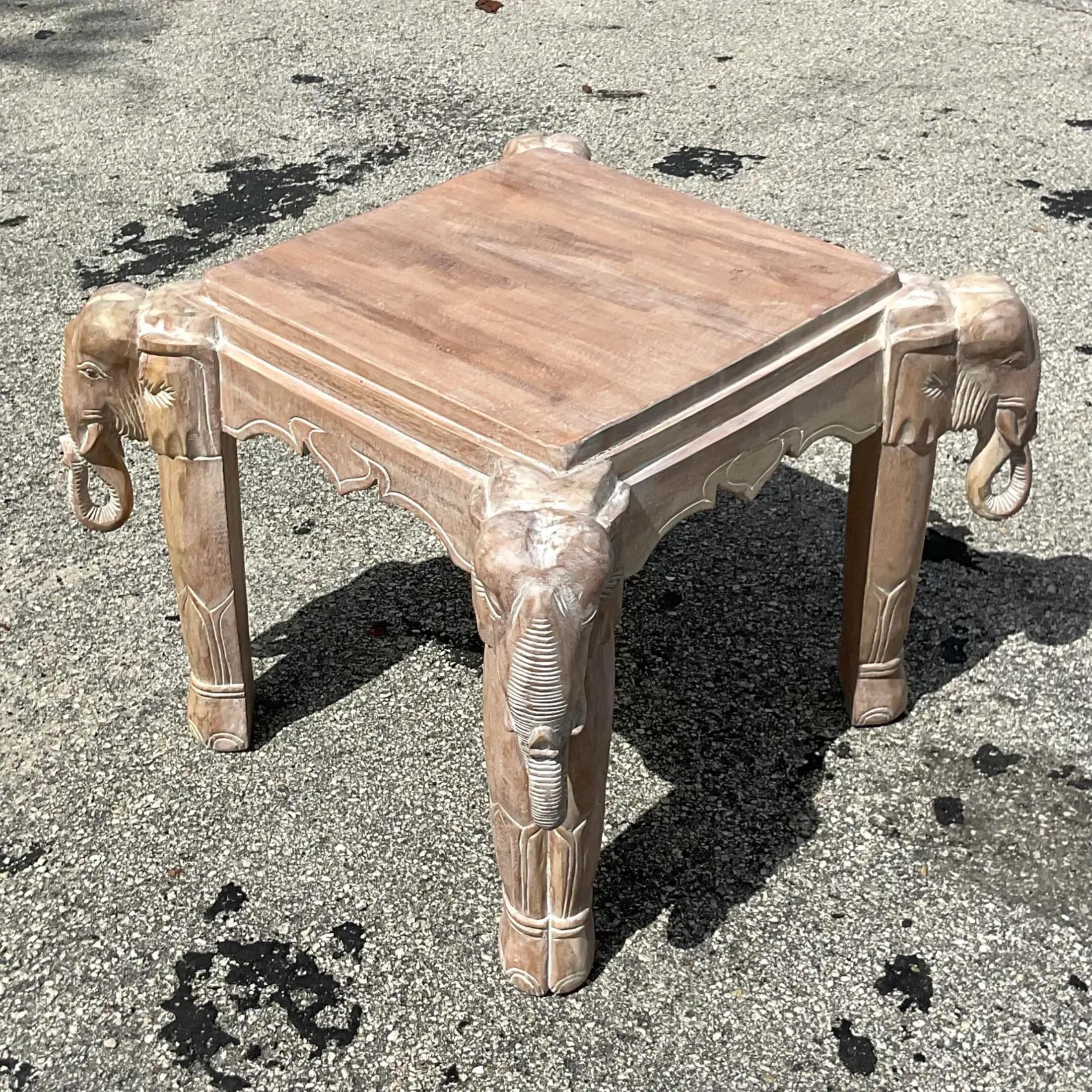 Wood Late 20th Century Vintage Boho Cerused Carved Elephant Table