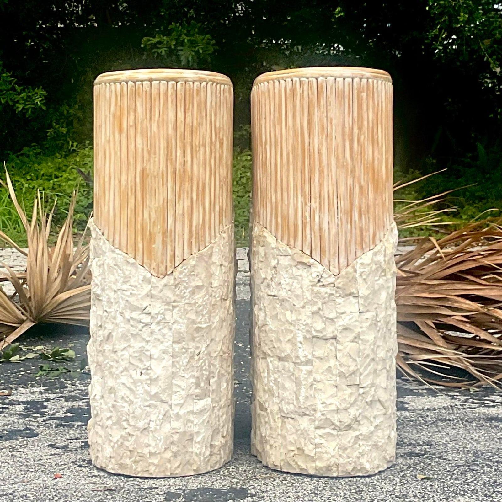 Philippine Late 20th Century Vintage Boho Cerused Reed &Tessellated Stone Pedestals For Sale