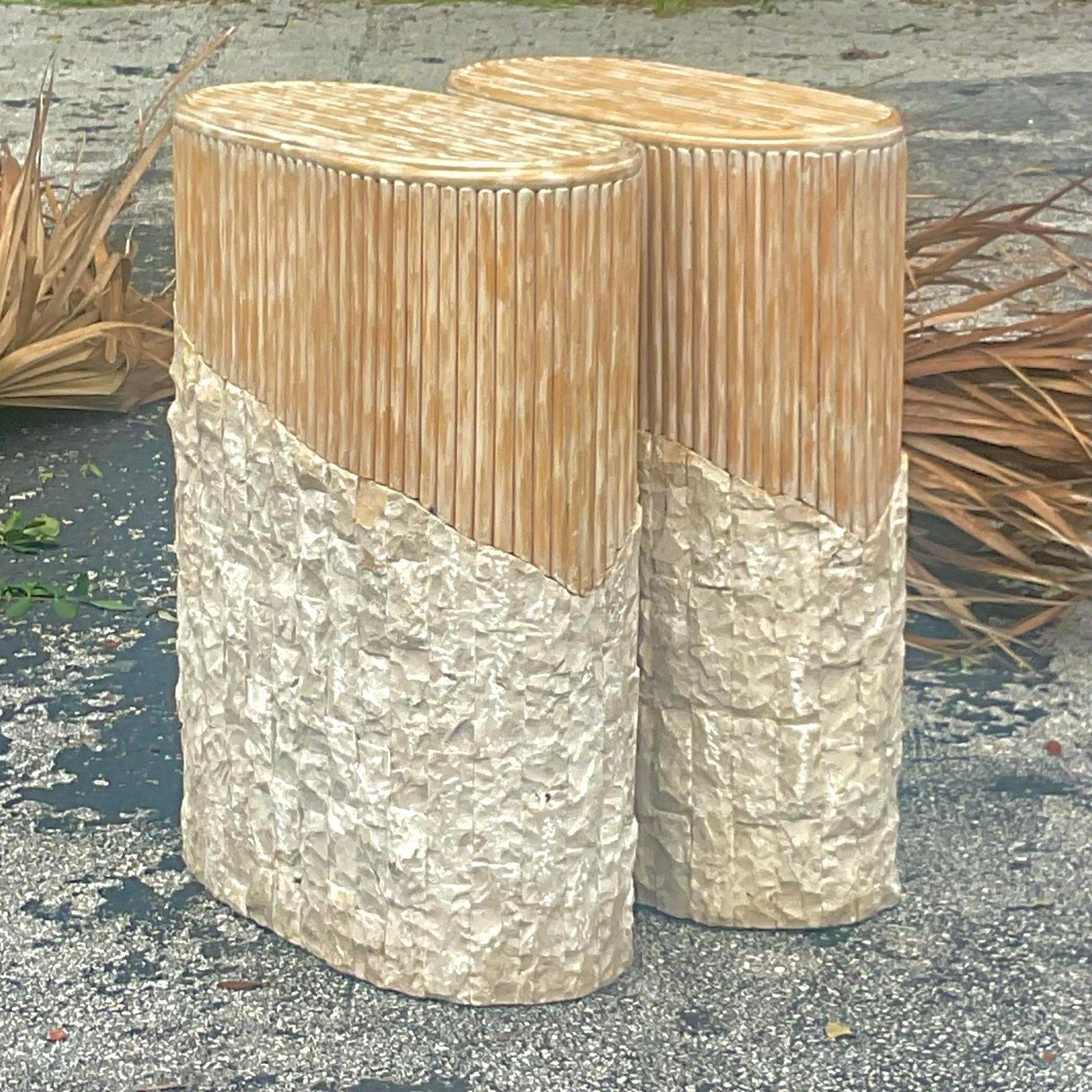 Late 20th Century Vintage Boho Cerused Reed &Tessellated Stone Pedestals In Good Condition For Sale In west palm beach, FL