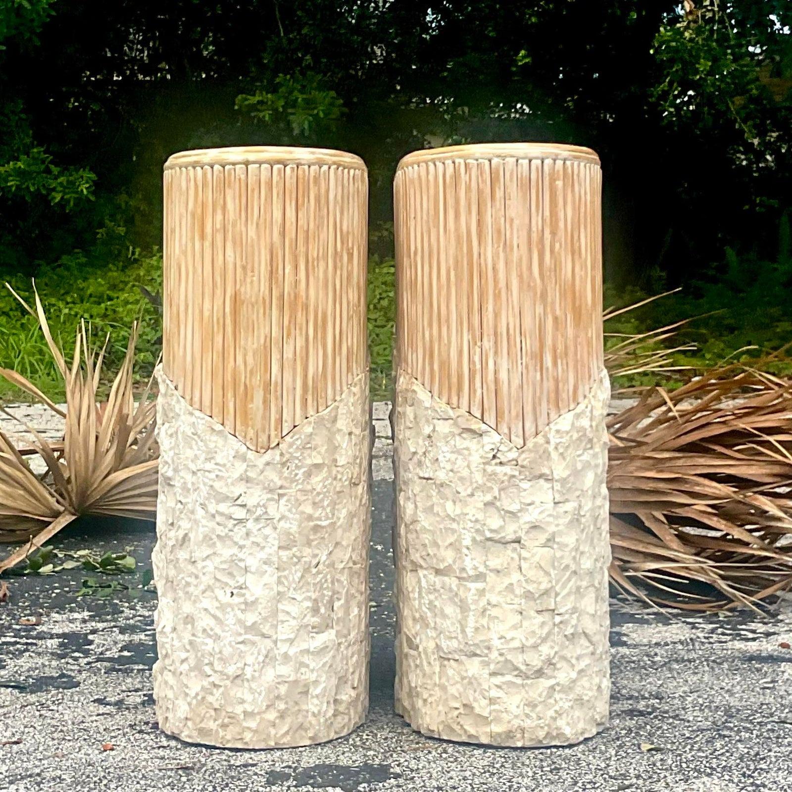 Late 20th Century Vintage Boho Cerused Reed &Tessellated Stone Pedestals For Sale 1