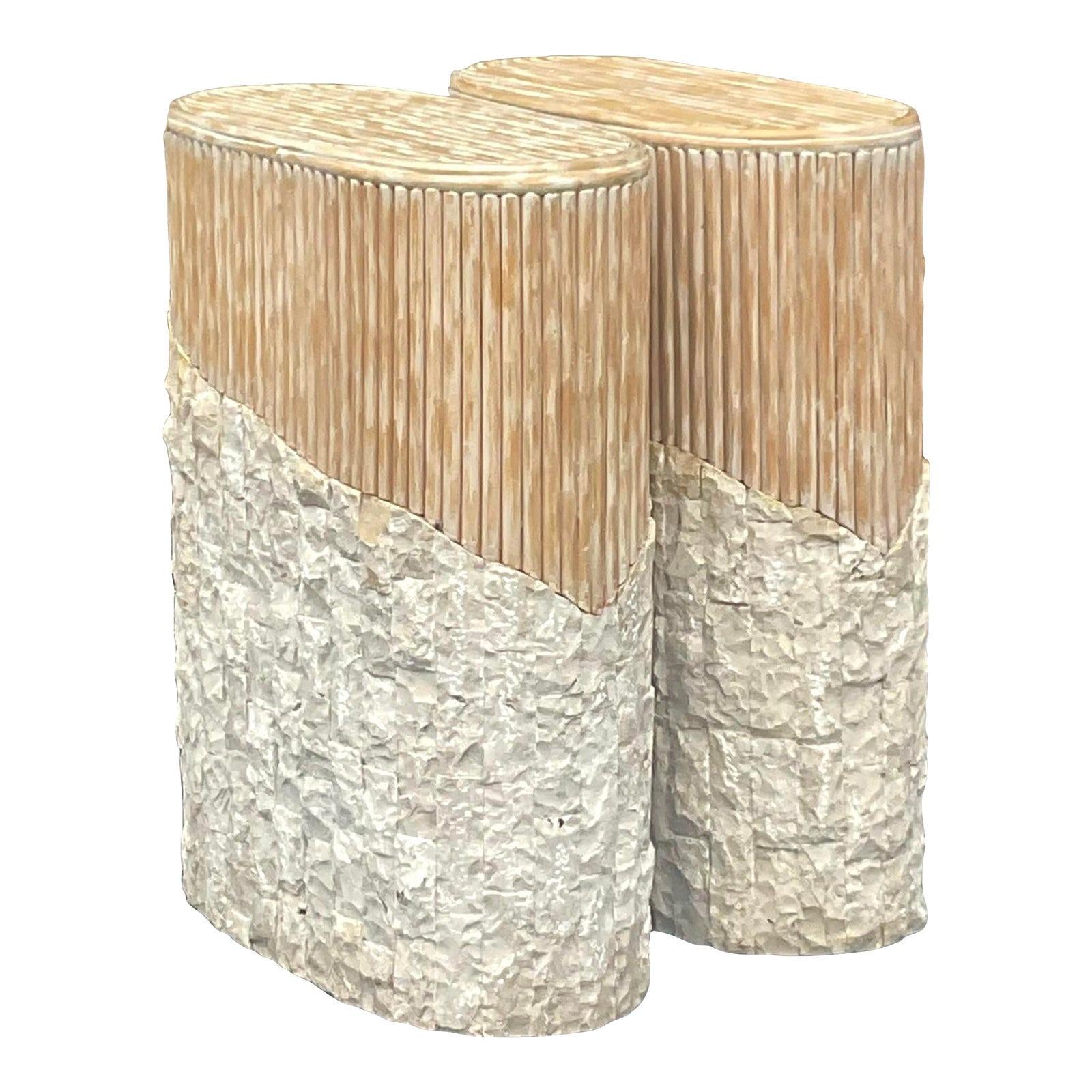 Late 20th Century Vintage Boho Cerused Reed &Tessellated Stone Pedestals For Sale