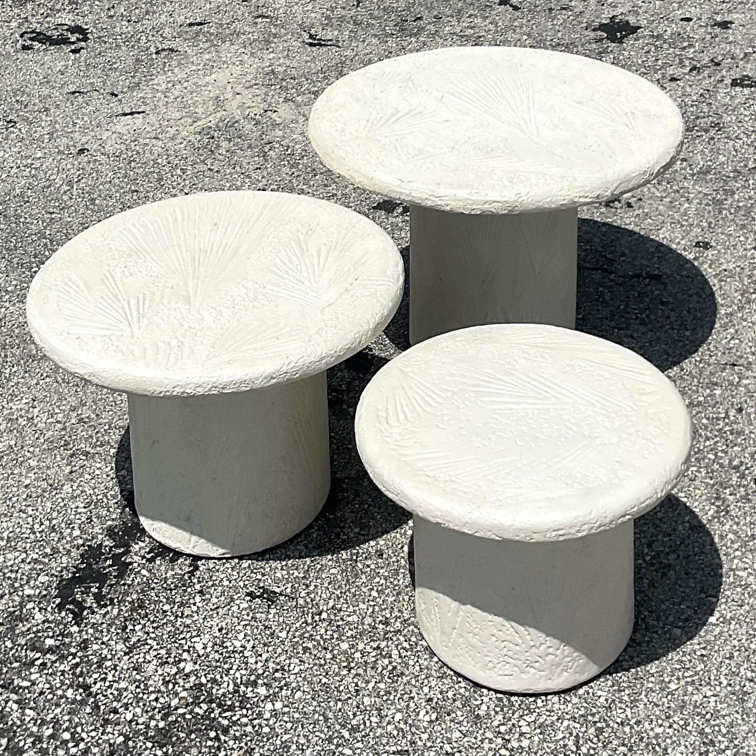 A fabulous set of three vintage plaster drinks table. Chic pressed coral design with a plaster finish. Perfect as drinks tables, side tables or even together as a coffee table. You decide! Acquired from a Palm Beach estate.

Table 2 - 20x20x14
Table