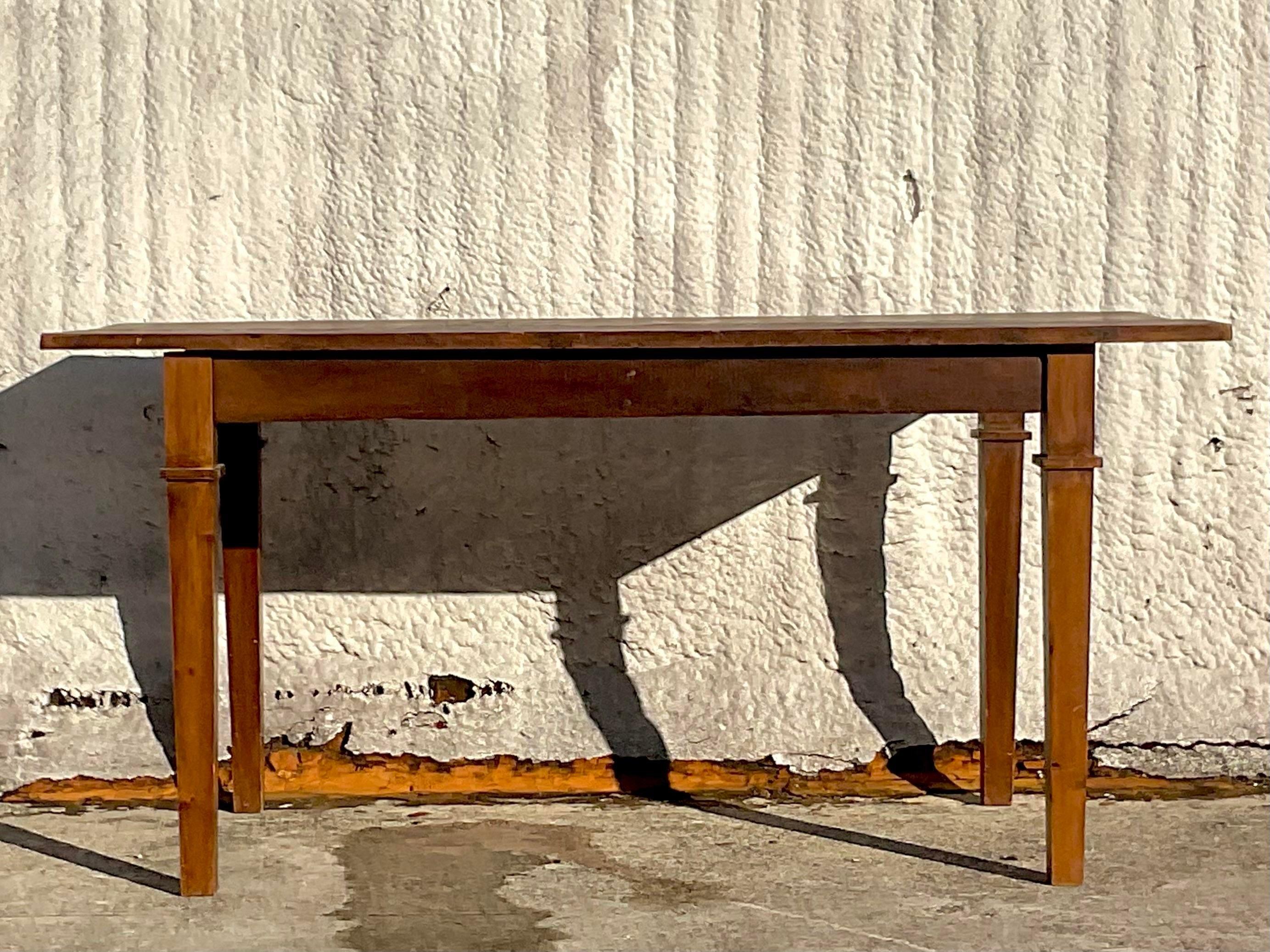 Wood Late 20th Century Vintage Boho Distressed Farm Table For Sale