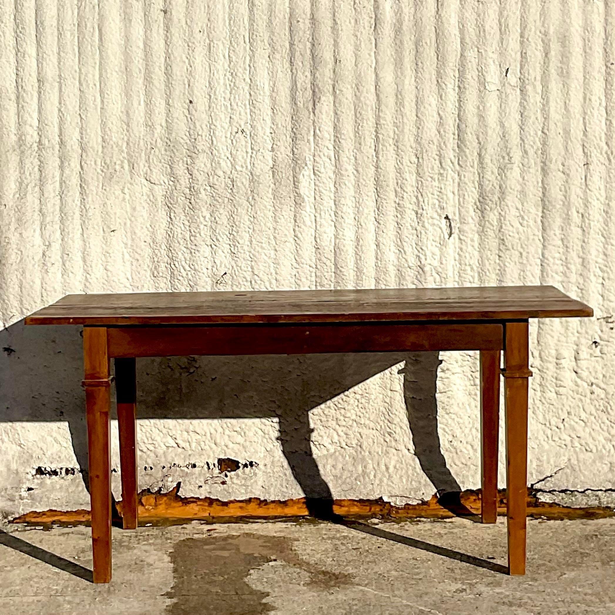 Late 20th Century Vintage Boho Distressed Farm Table For Sale 2
