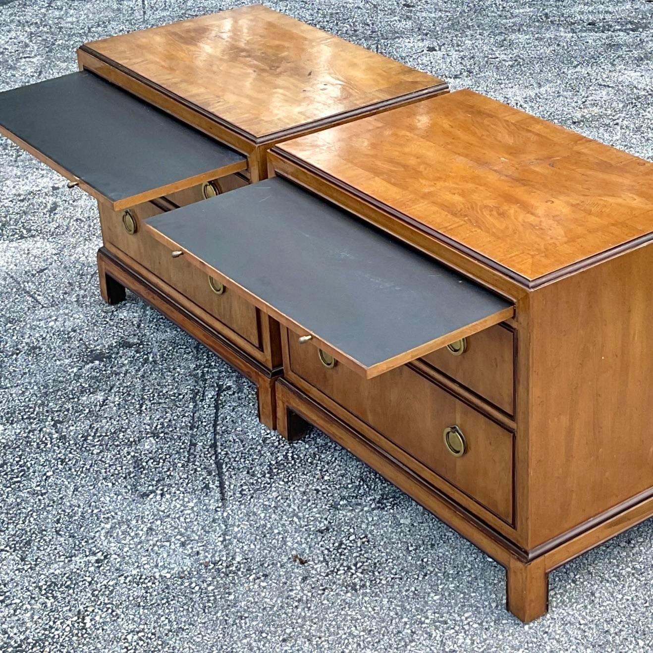Late 20th Century Vintage Boho Drexel Burl Wood Nightstands - a Pair In Good Condition In west palm beach, FL