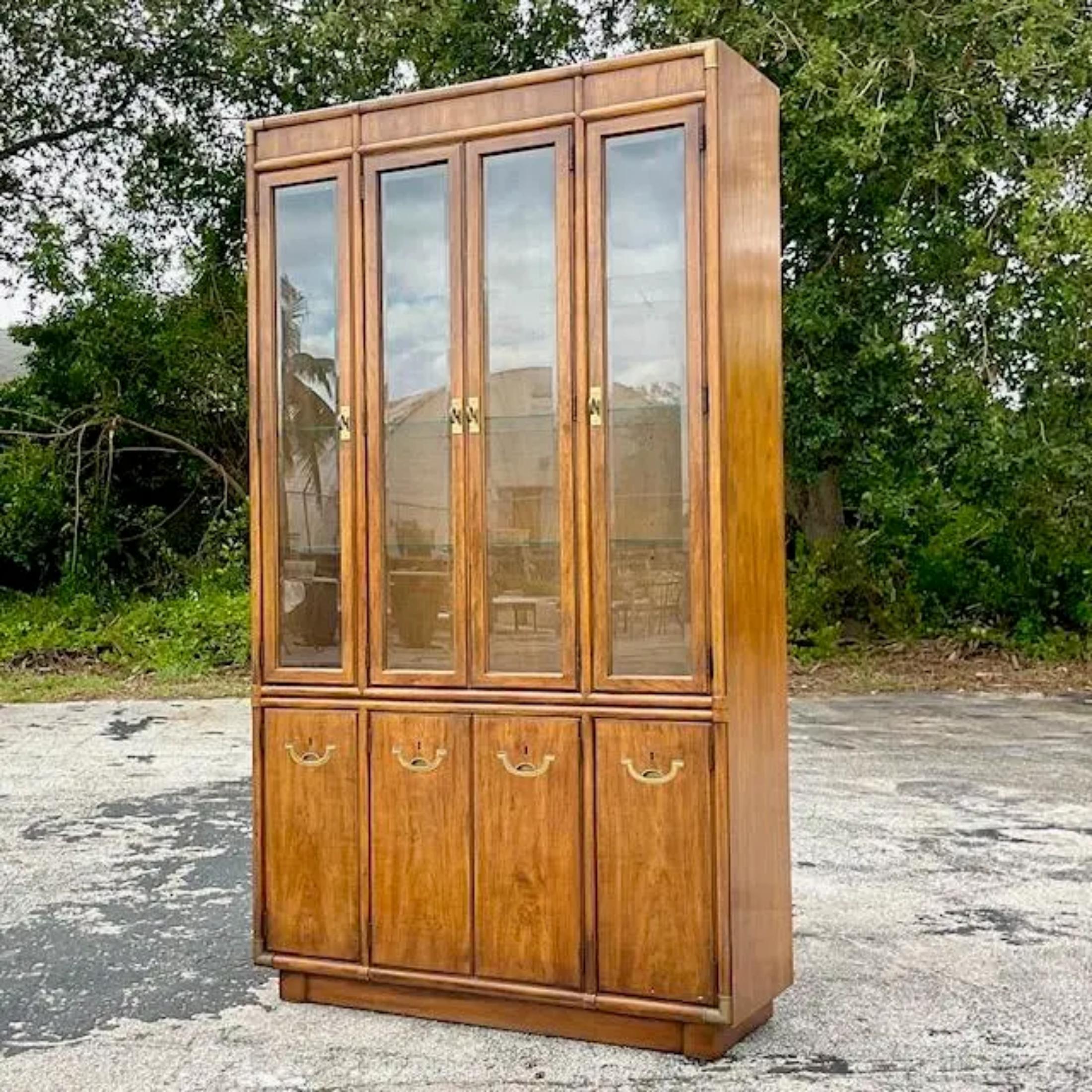 Late 20th Century Vintage Boho Drexel Campaign China Cabinet In Good Condition For Sale In west palm beach, FL