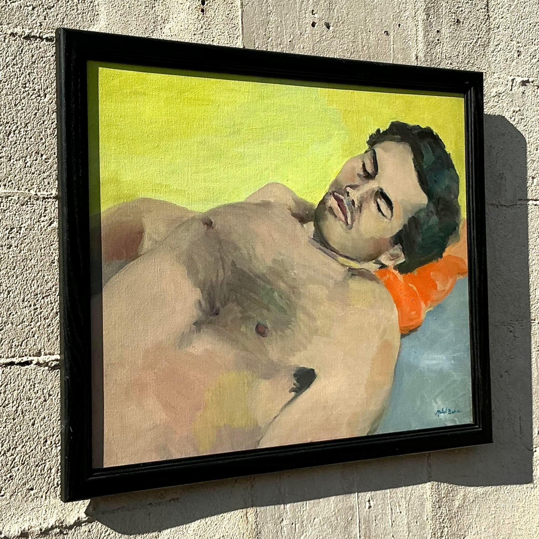 Bringen Sie einen Hauch von Vintage-Boho-Charme in Ihre Kunstsammlung mit diesem fesselnden figurativen Ölgemälde. Die ruhige Darstellung eines ruhenden Mannes kombiniert warme und kühle Töne, die eine beruhigende und kontemplative Stimmung