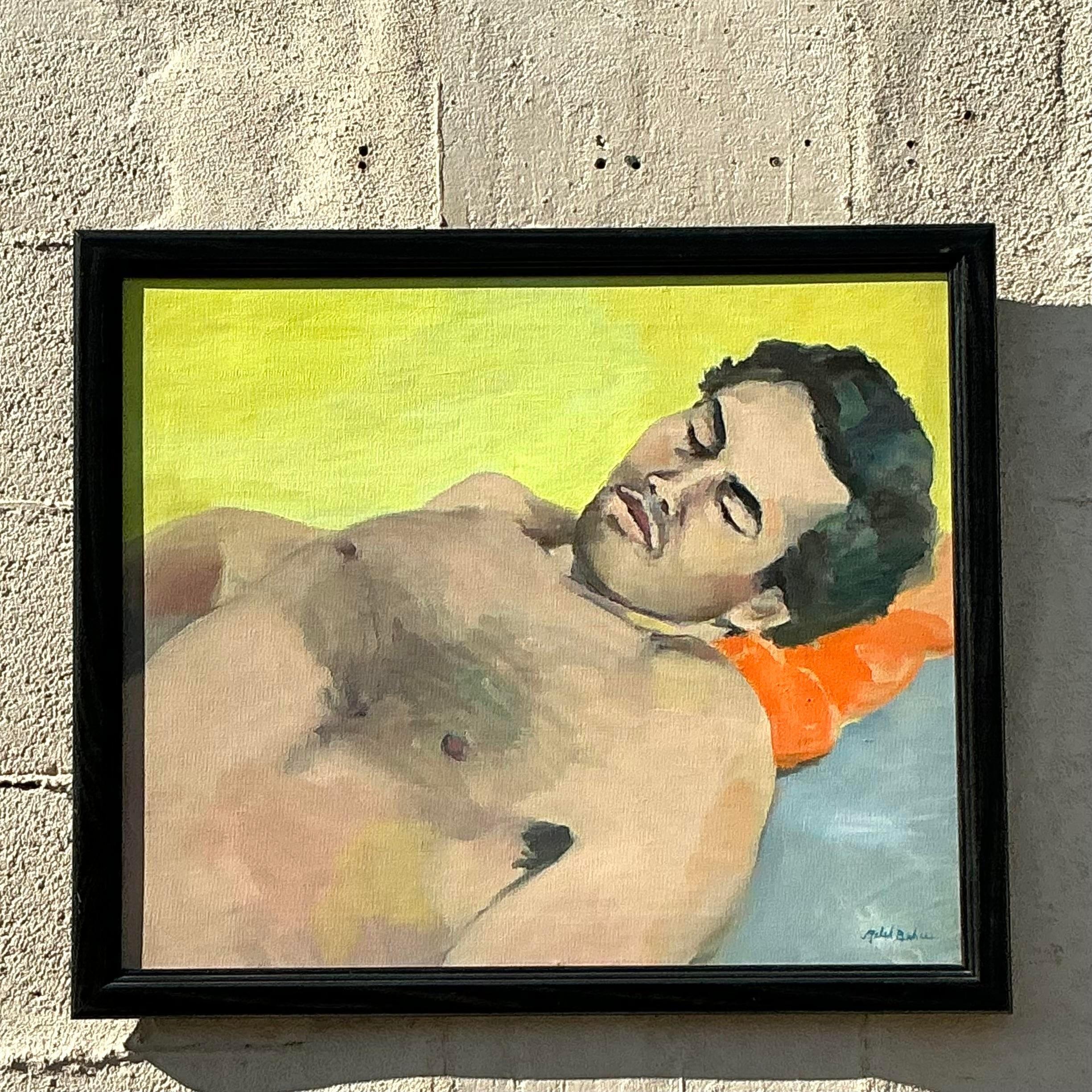 Vintage Boho-Figuratives Ölgemälde auf Leinwand, gerahmt, Vintage, spätes 20. Jahrhundert im Zustand „Gut“ im Angebot in west palm beach, FL