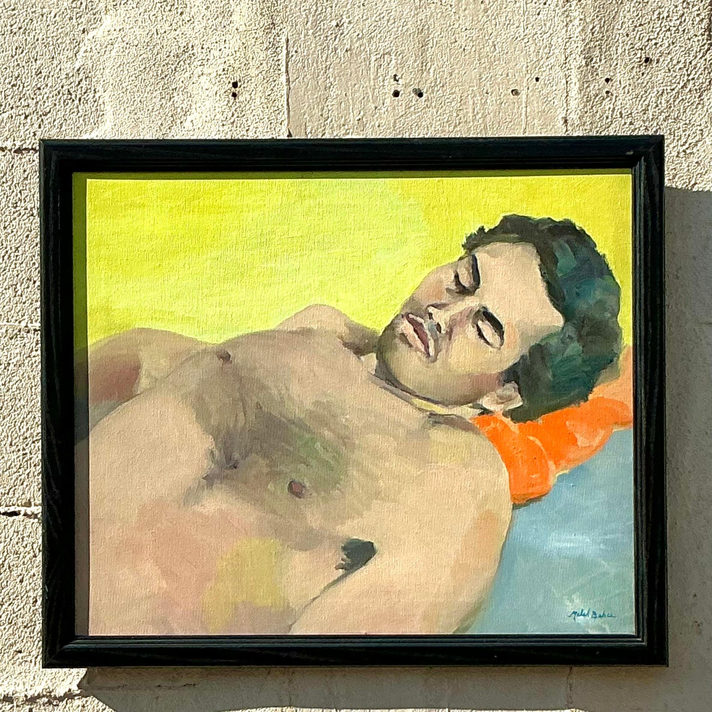 Vintage Boho-Figuratives Ölgemälde auf Leinwand, gerahmt, Vintage, spätes 20. Jahrhundert im Angebot 1