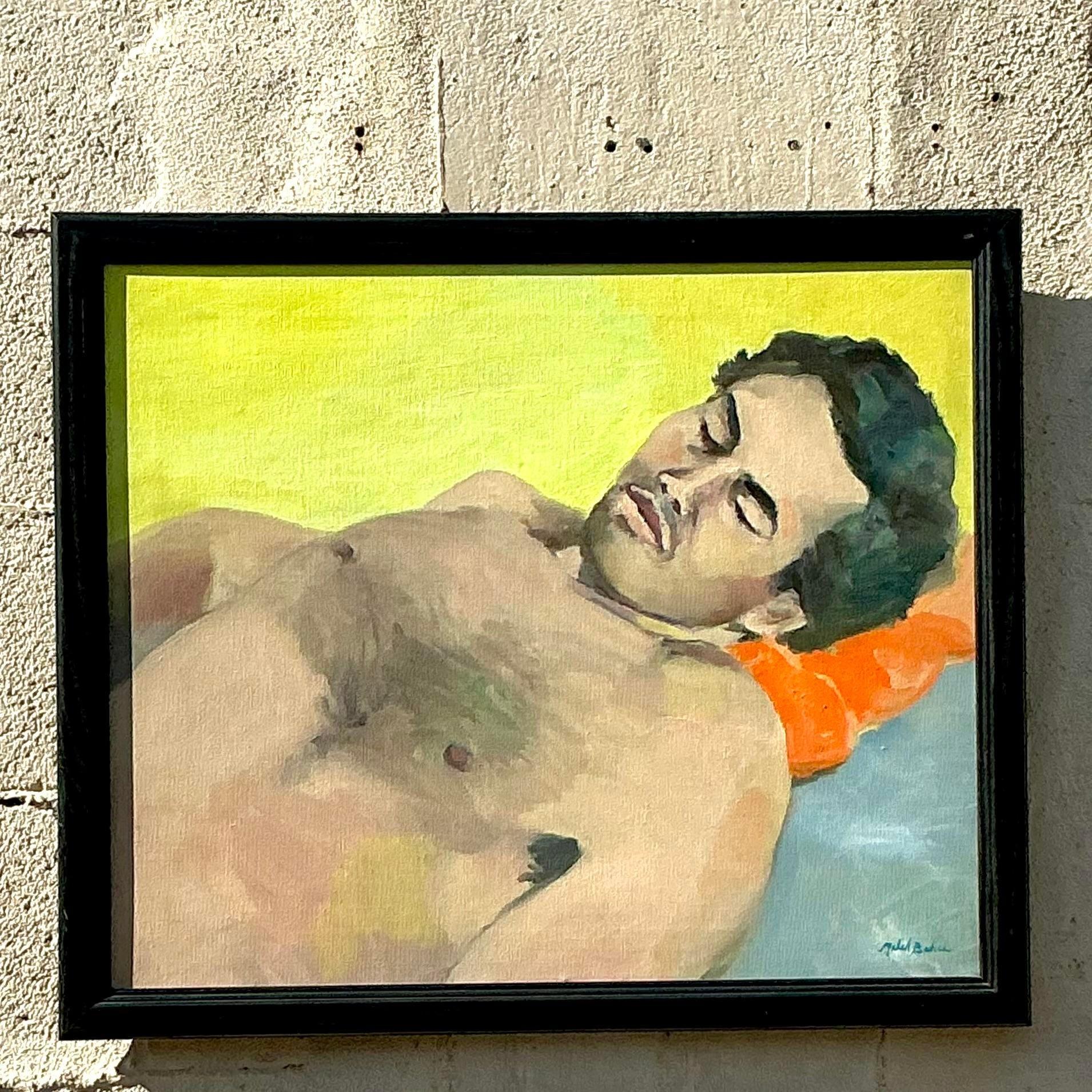 Vintage Boho-Figuratives Ölgemälde auf Leinwand, gerahmt, Vintage, spätes 20. Jahrhundert im Angebot 2