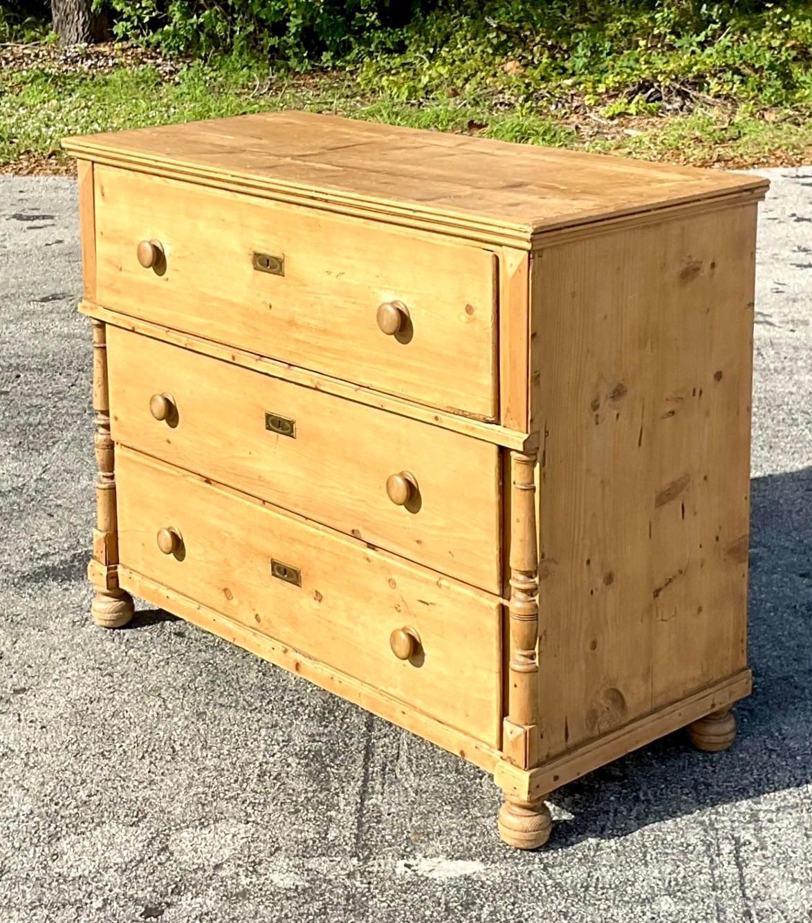 Brass Late 20th Century Vintage Boho French Pine Chest of Drawers For Sale