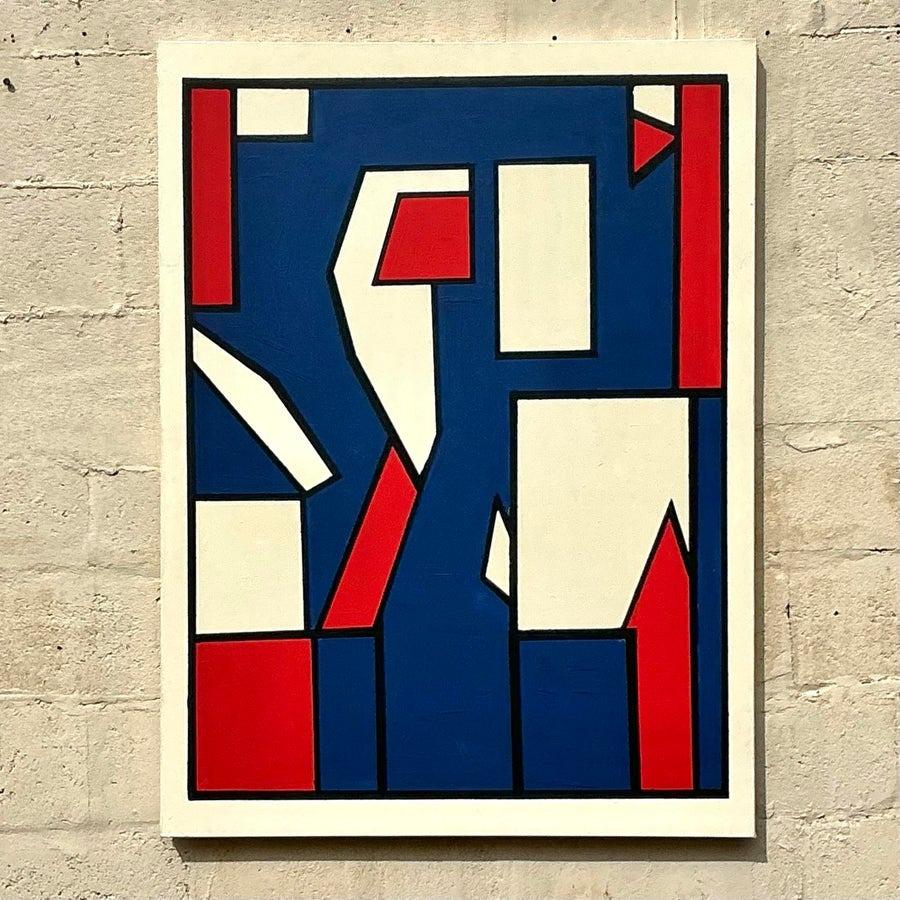 Américain Peinture à l'huile géométrique boho sur toile de la fin du 20e siècle en vente