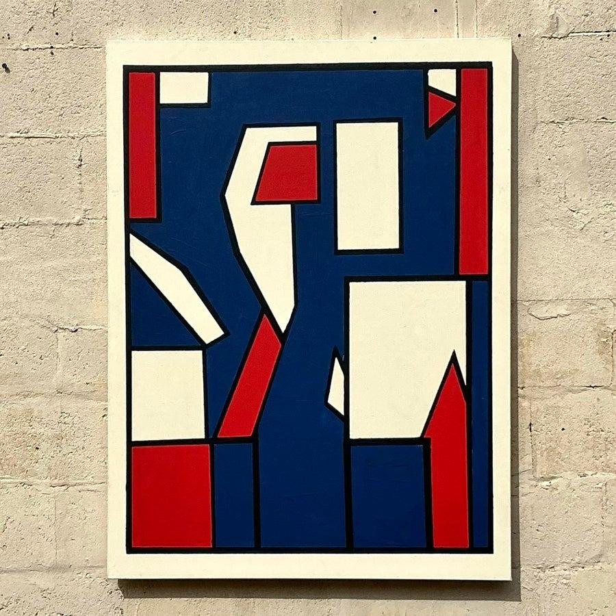 20ième siècle Peinture à l'huile géométrique boho sur toile de la fin du 20e siècle en vente