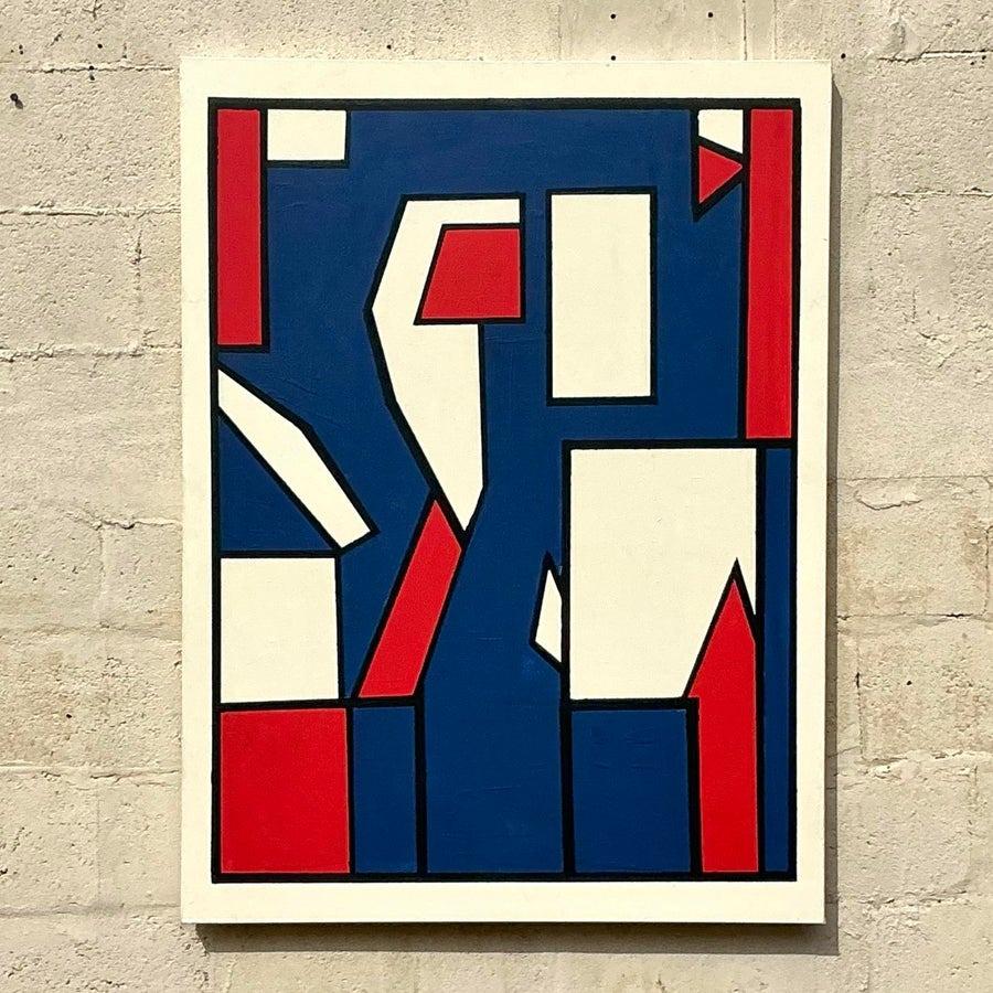 Toile Peinture à l'huile géométrique boho sur toile de la fin du 20e siècle en vente