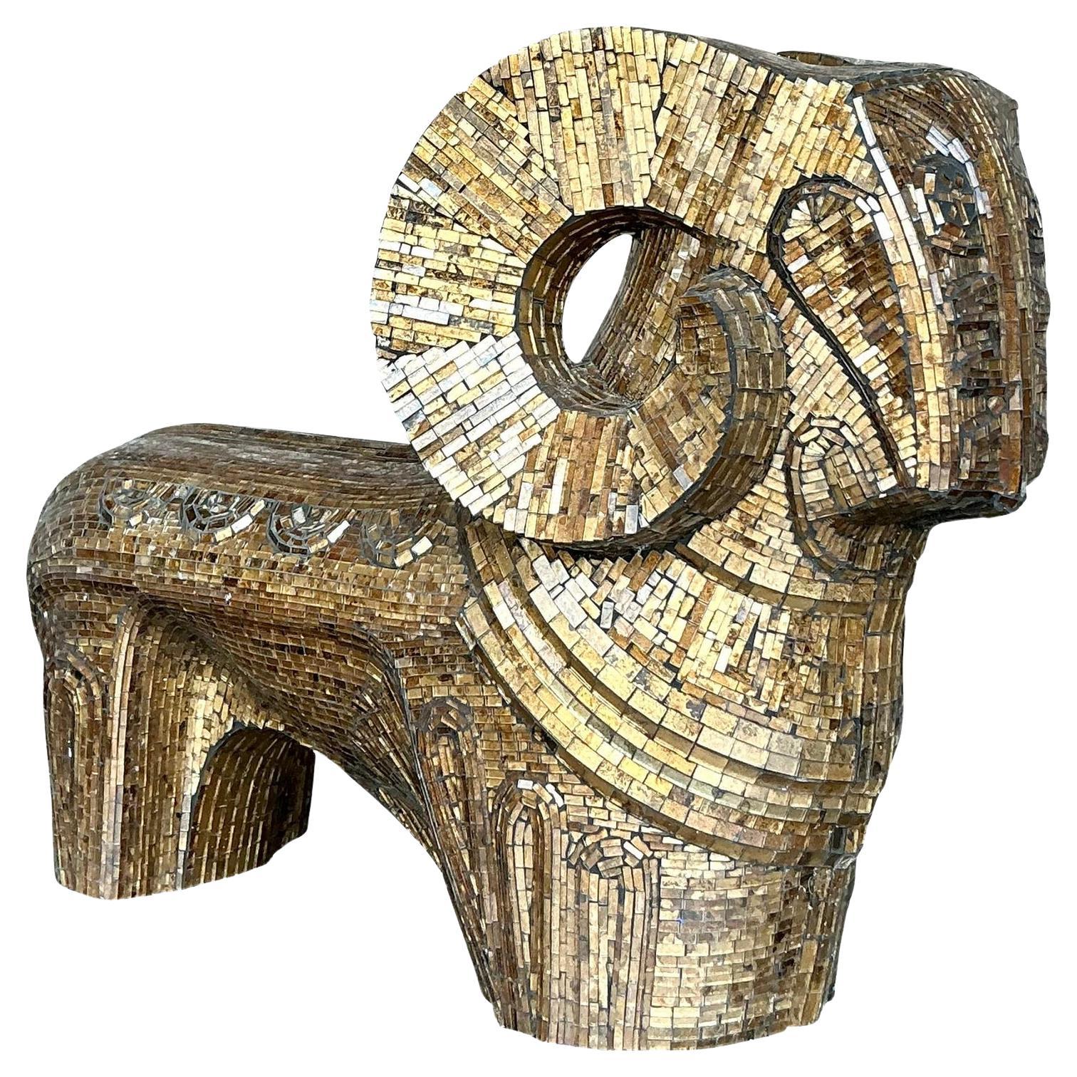 Late 20th Century Vintage Boho Glass Mosaic Abstract Ram