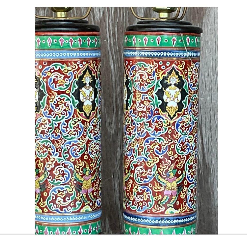 North American Late 20th Century Vintage Boho Glazed Ceramic Lamps - a Pair