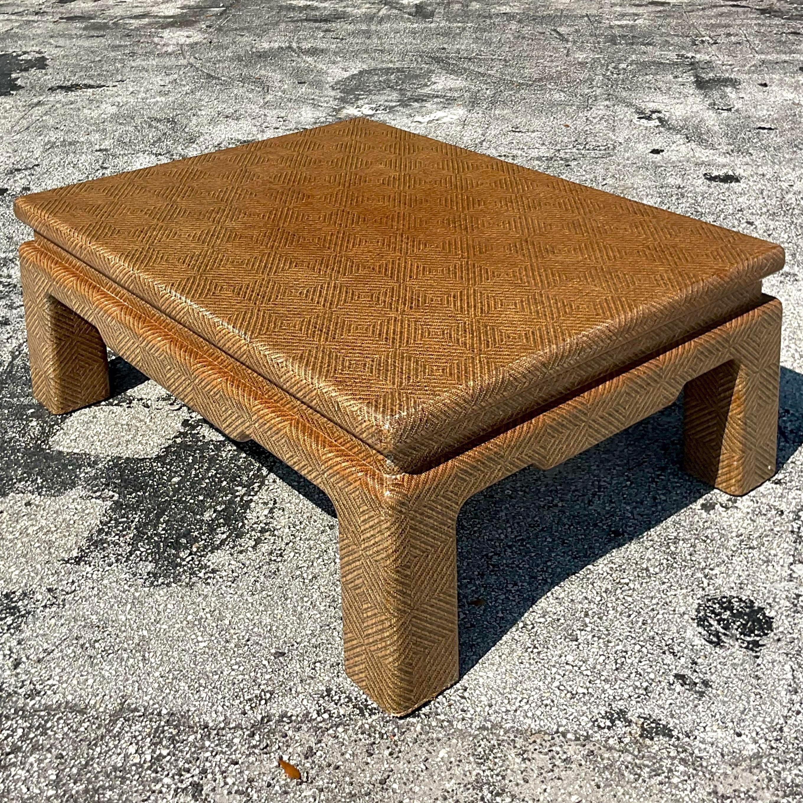 Late 20th Century Vintage Boho Grasscloth Coffee Table After Harrison Van Horn In Good Condition In west palm beach, FL