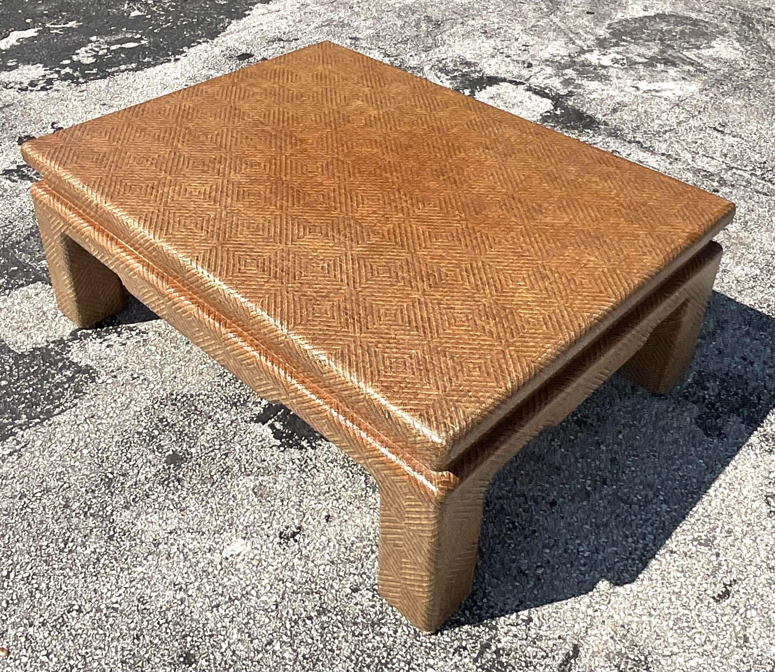 Late 20th Century Vintage Boho Grasscloth Coffee Table After Harrison Van Horn 2