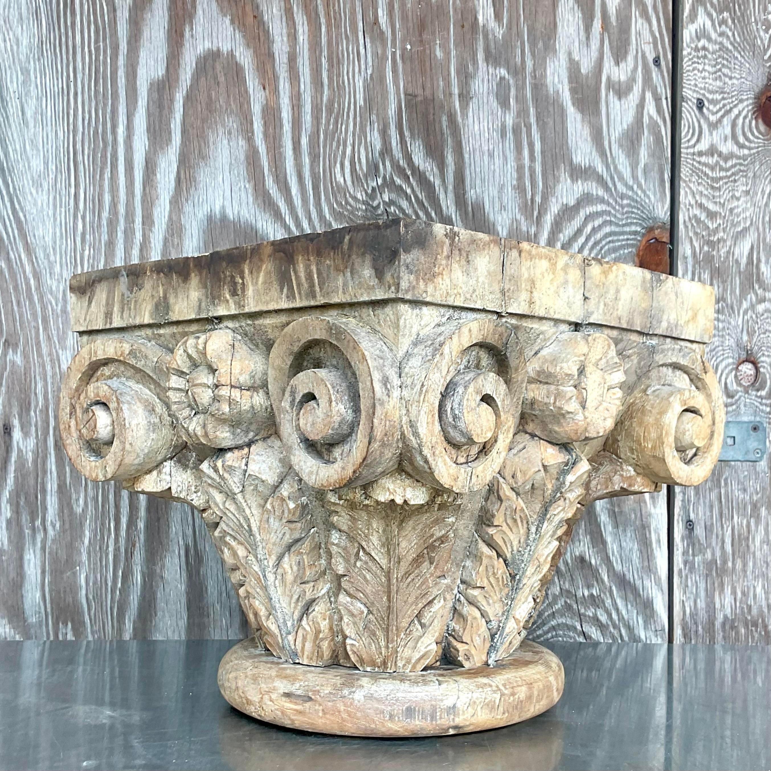 A fabulous vintage Boho drinks table. Beautiful hand carved detail on a Corinthian style column. Acquired from a Palm Beach estate.