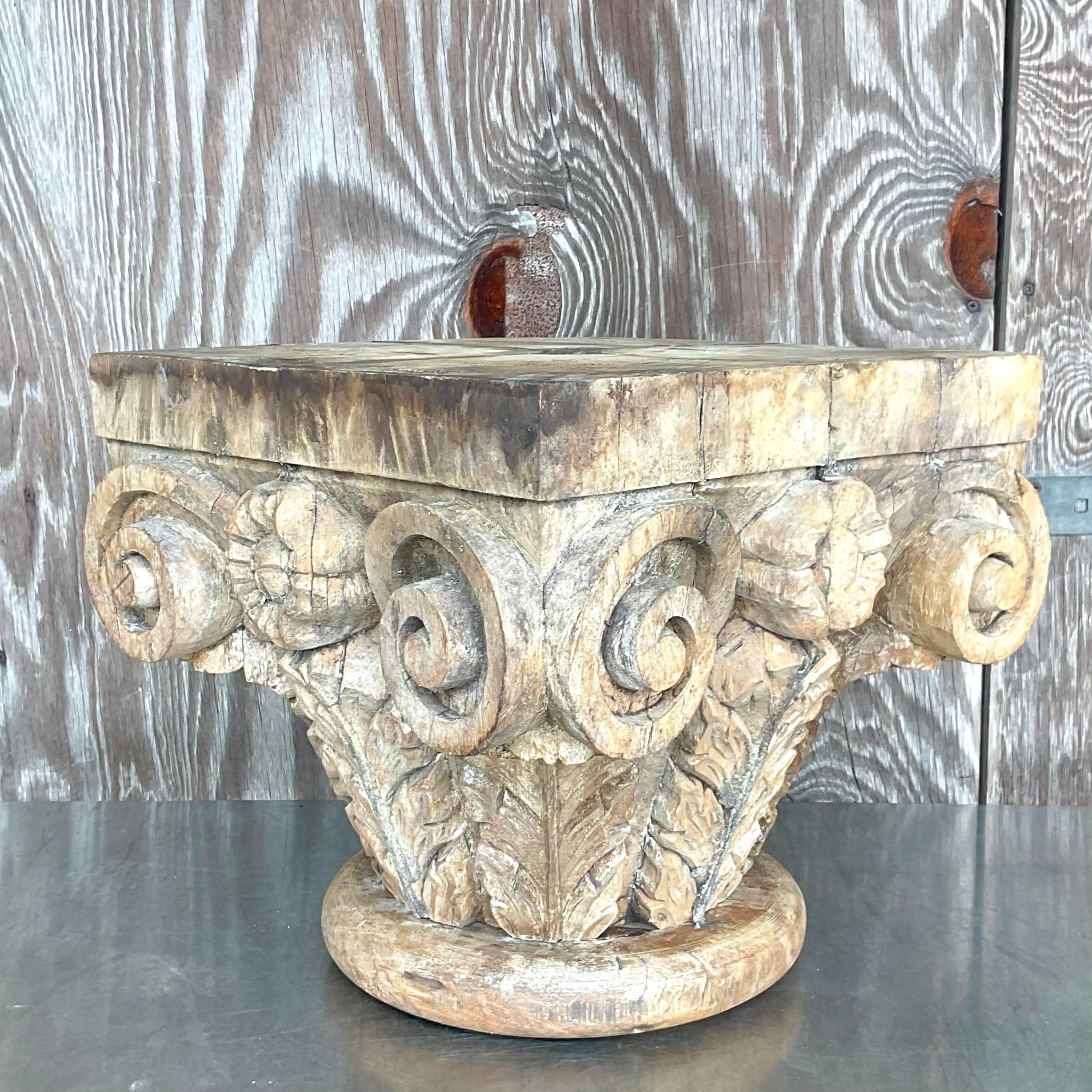 American Late 20th Century Vintage Boho Hand Carved Column Side Table For Sale