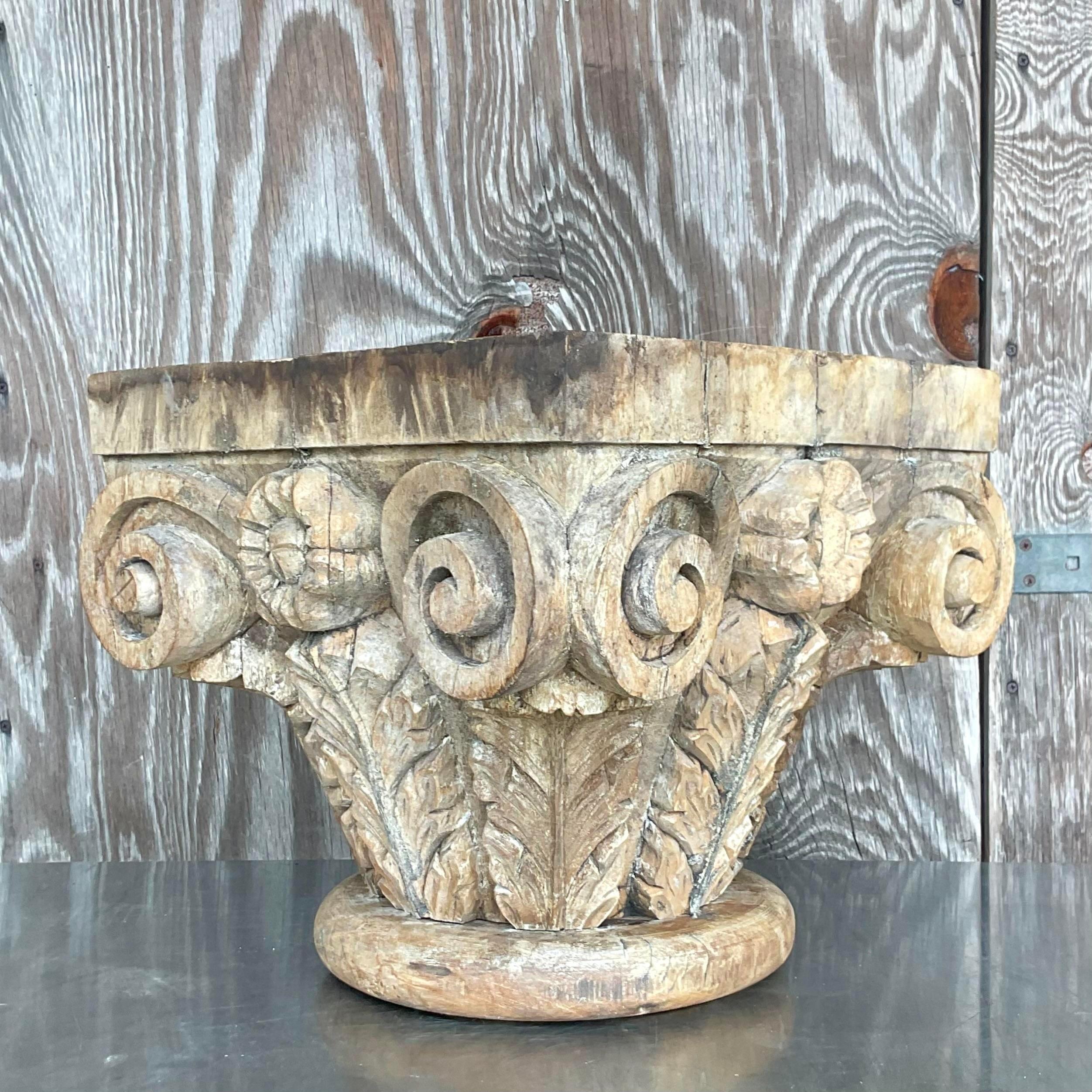 Late 20th Century Vintage Boho Hand Carved Column Side Table In Good Condition For Sale In west palm beach, FL