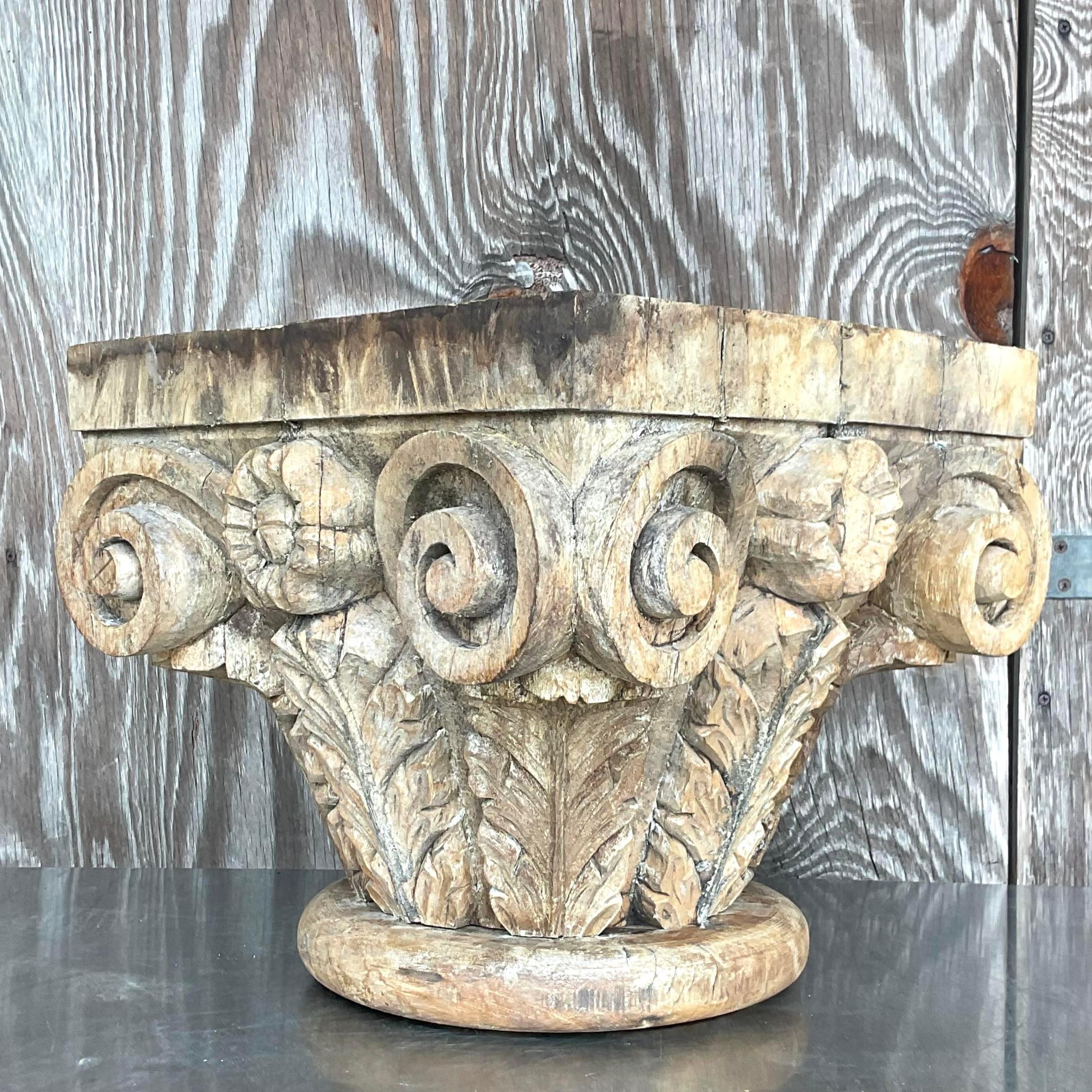 Wood Late 20th Century Vintage Boho Hand Carved Column Side Table For Sale