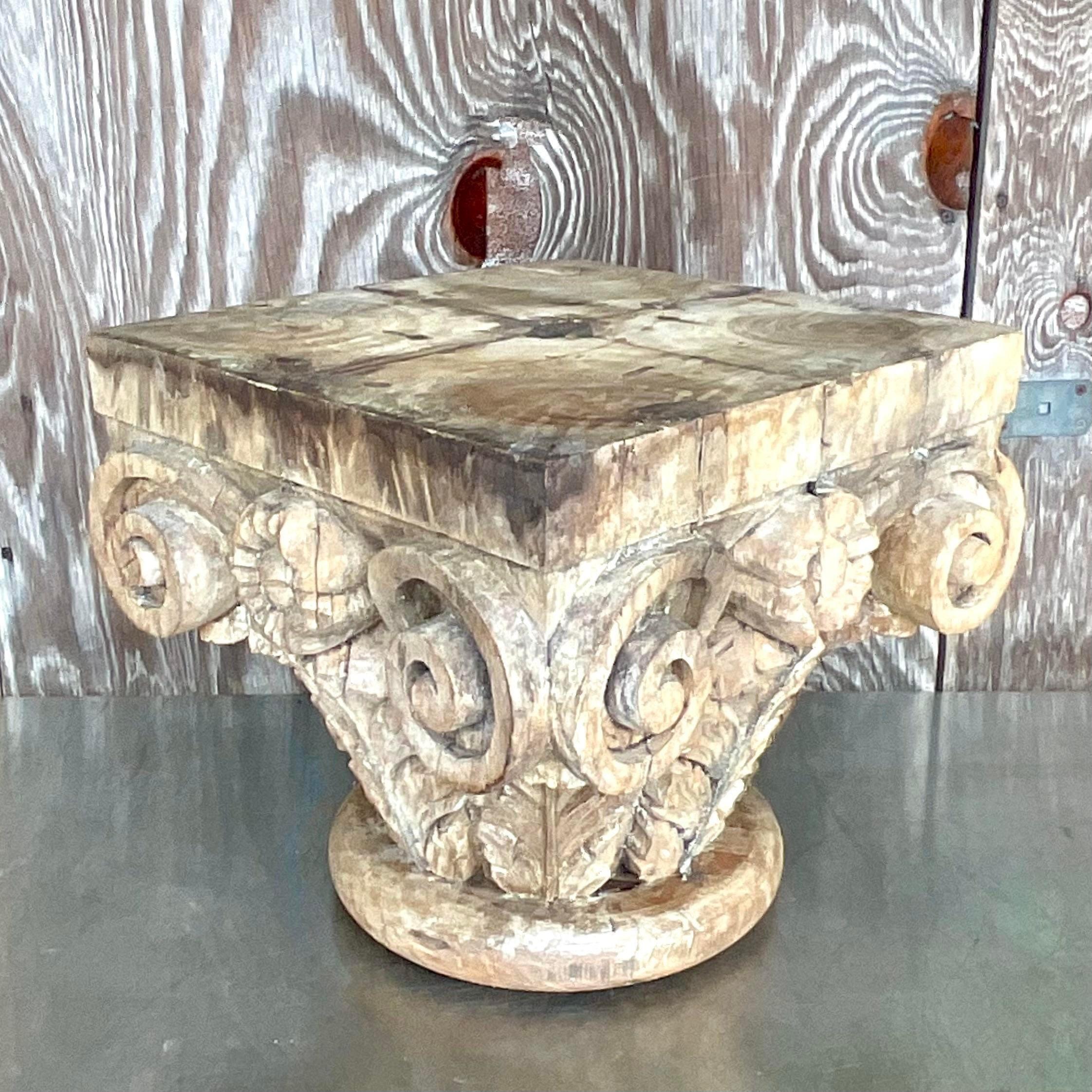 Late 20th Century Vintage Boho Hand Carved Column Side Table For Sale 1