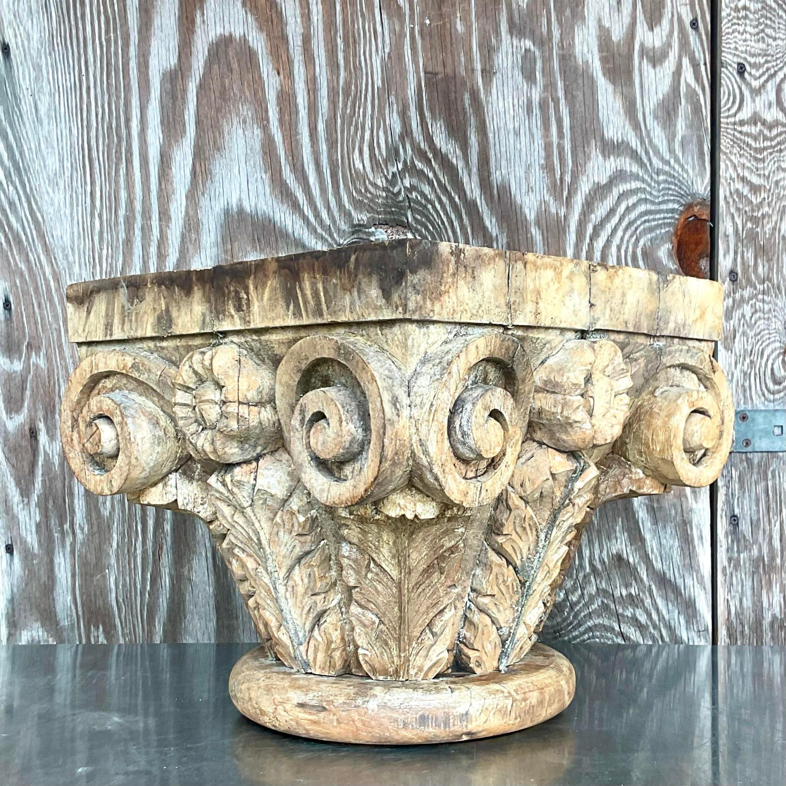 Late 20th Century Vintage Boho Hand Carved Column Side Table For Sale 2