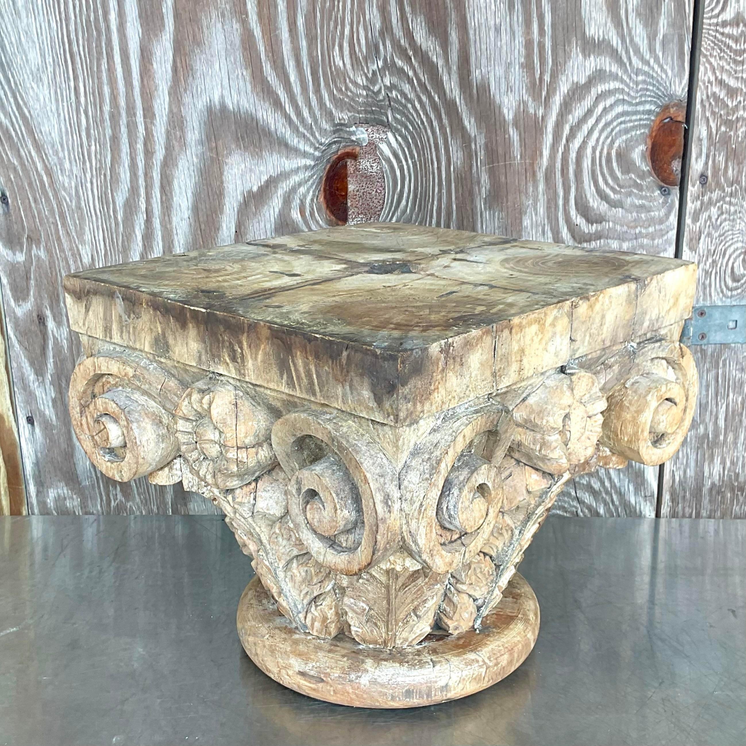 Late 20th Century Vintage Boho Hand Carved Column Side Table For Sale 3