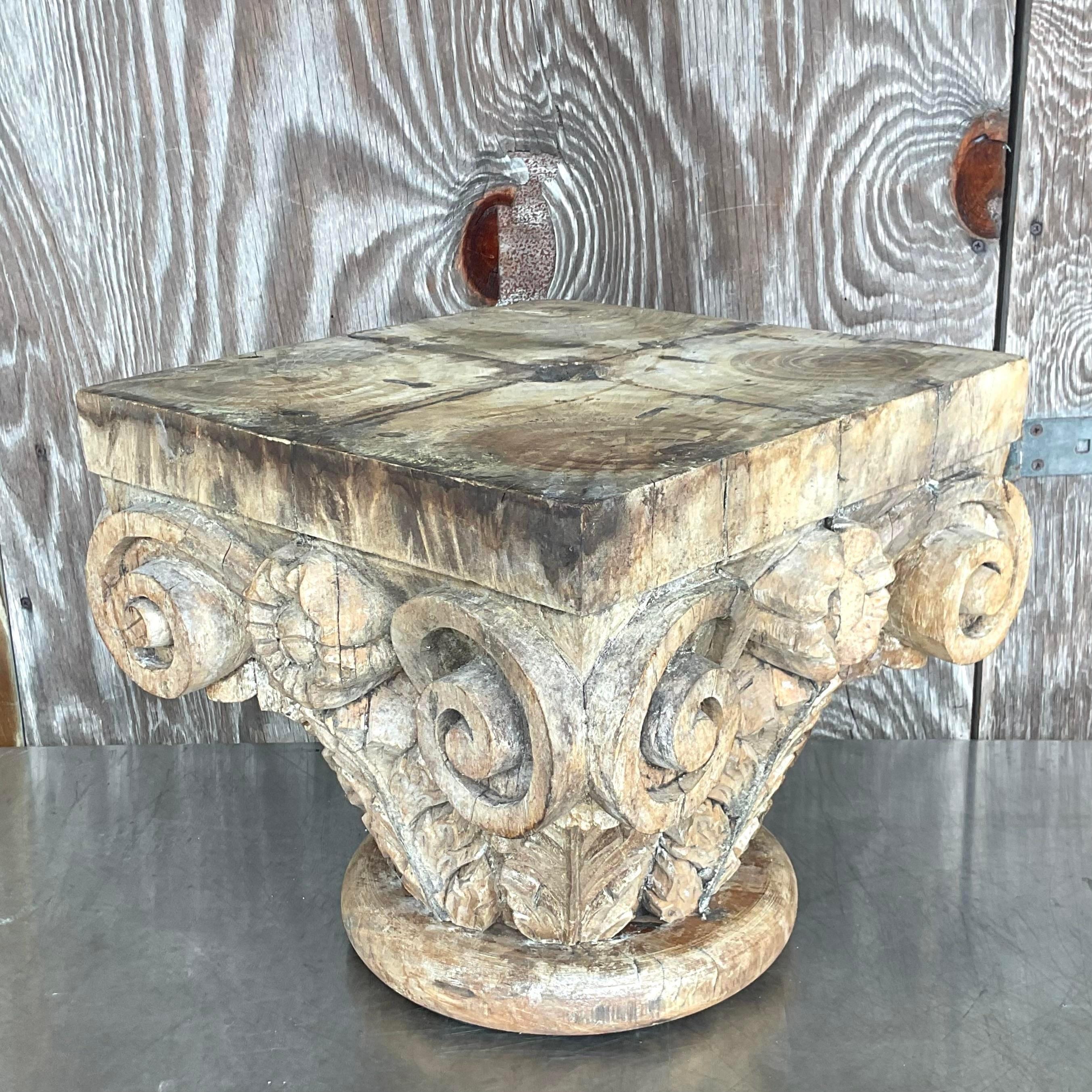 Late 20th Century Vintage Boho Hand Carved Column Side Table For Sale 4