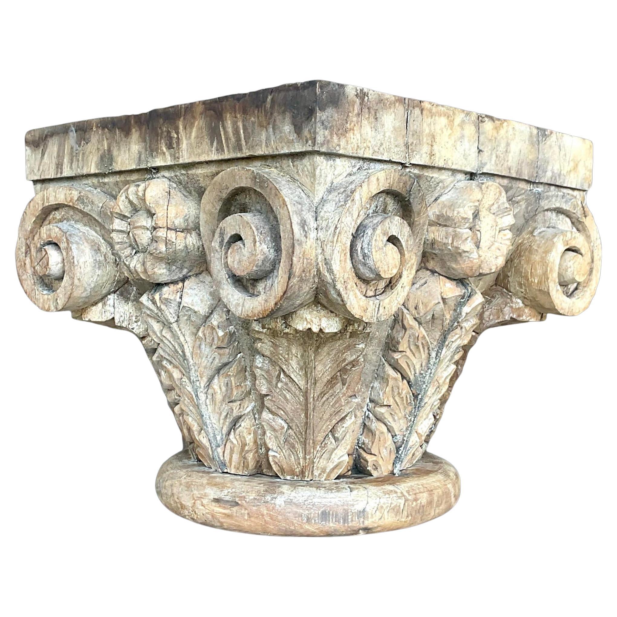 Late 20th Century Vintage Boho Hand Carved Column Side Table For Sale