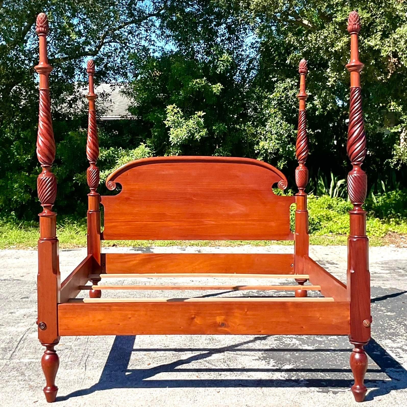 American Late 20th Century Vintage Boho Hand Carved King Poster Bed For Sale