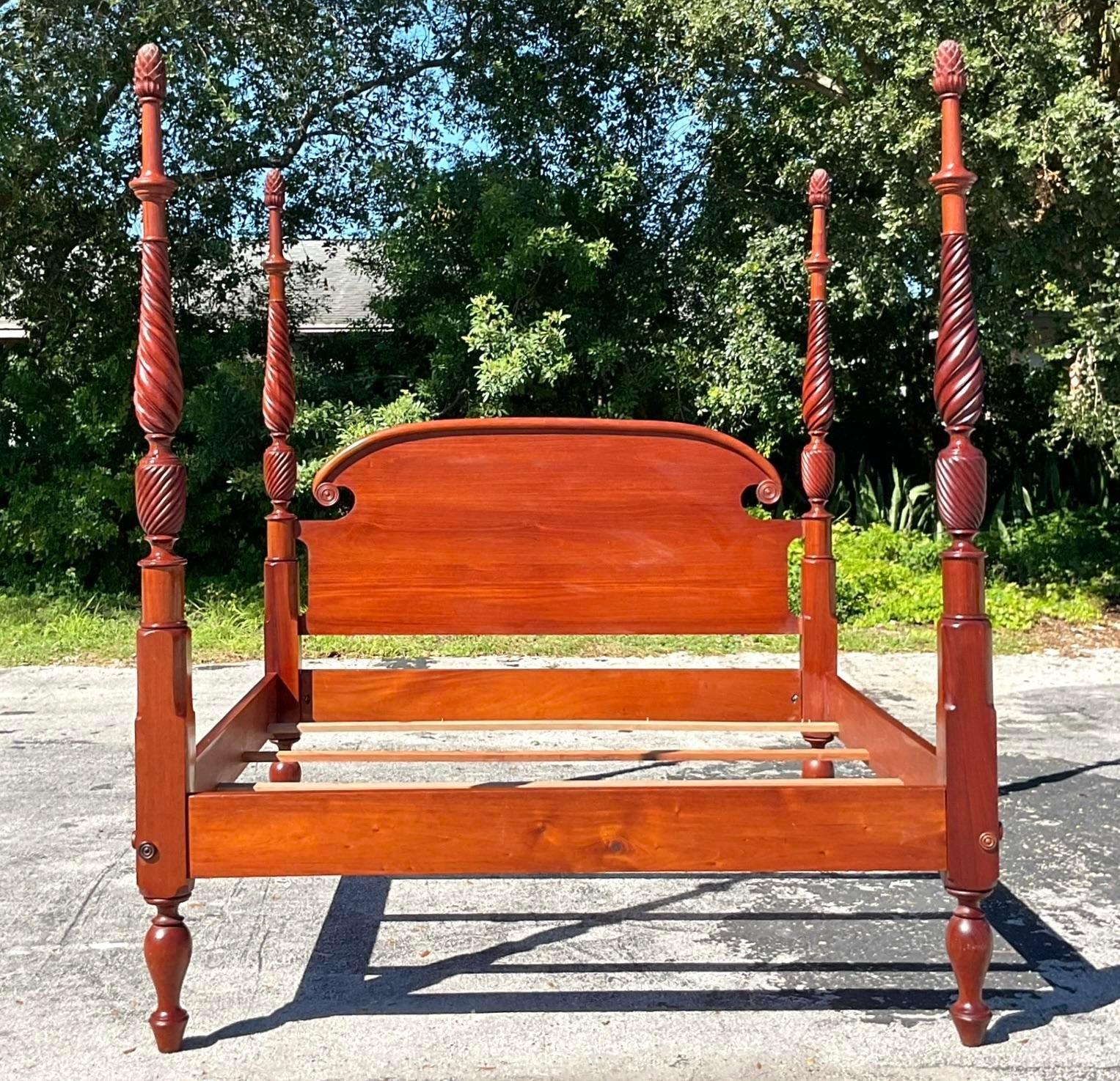 Wood Late 20th Century Vintage Boho Hand Carved King Poster Bed For Sale