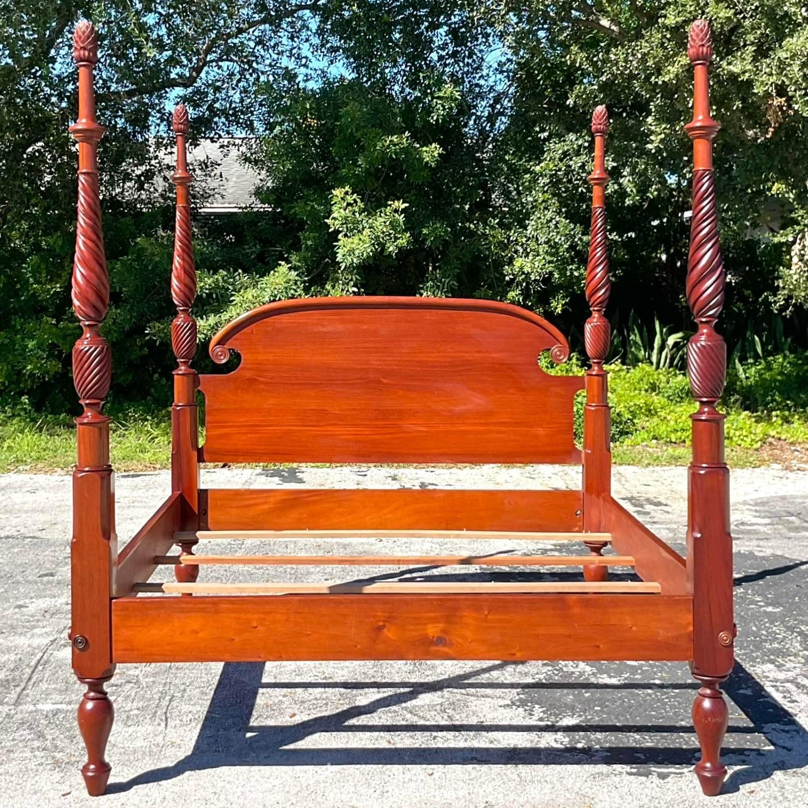 Late 20th Century Vintage Boho Hand Carved King Poster Bed For Sale 2