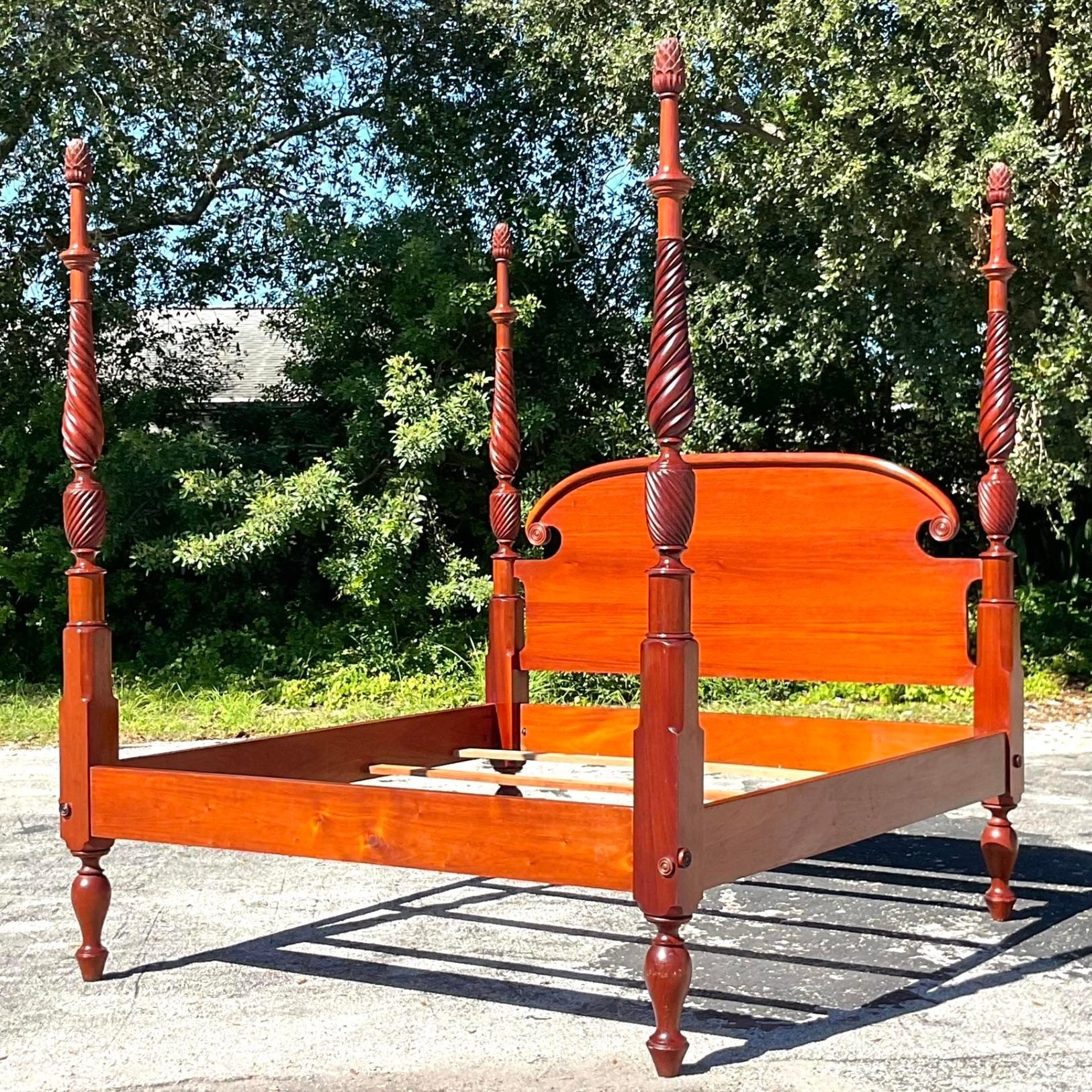 Late 20th Century Vintage Boho Hand Carved King Poster Bed For Sale 3