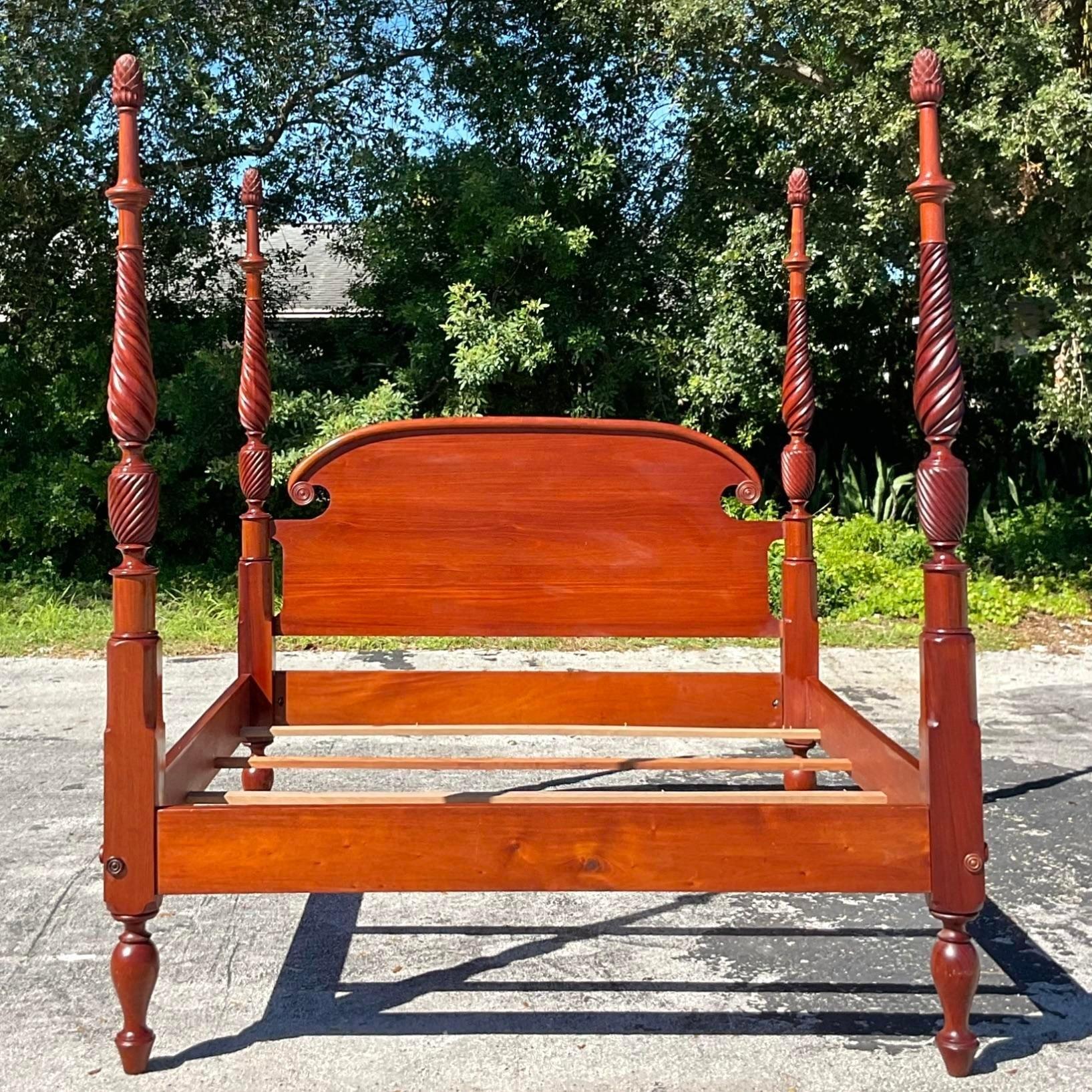 Late 20th Century Vintage Boho Hand Carved King Poster Bed For Sale 4
