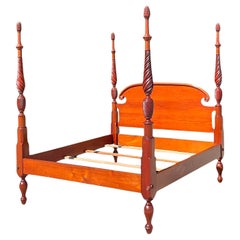 Late 20th Century Vintage Boho Hand Carved King Poster Bed
