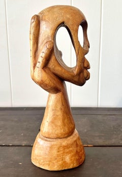 Late 20th Century Vintage Boho Hand Carved Wood Skull in Hand Sculpture $