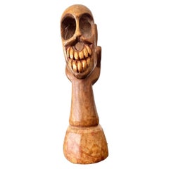 Late 20th Century Vintage Boho Hand Carved Wood Skull in Hand Sculpture $