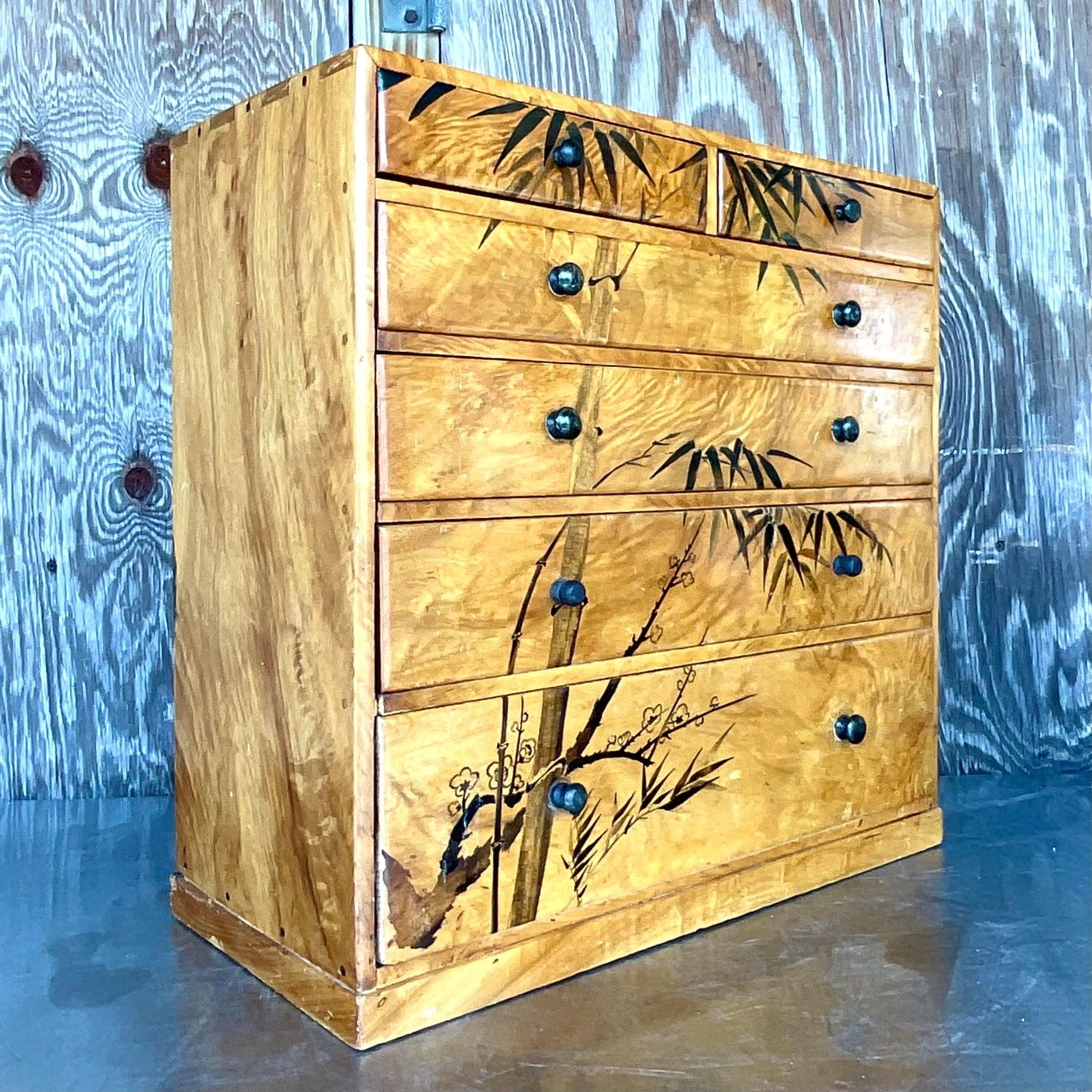 American Late 20th Century Vintage Boho Hand Painted Burl Wood Petite Chest of Drawers For Sale