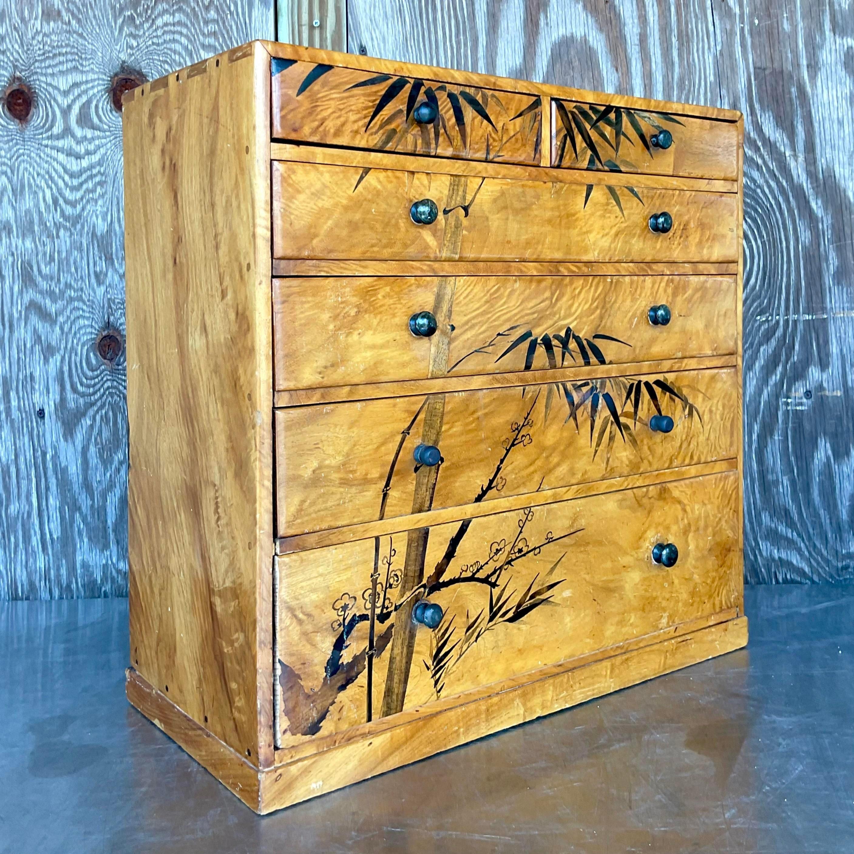 Late 20th Century Vintage Boho Hand Painted Burl Wood Petite Chest of Drawers In Good Condition For Sale In west palm beach, FL