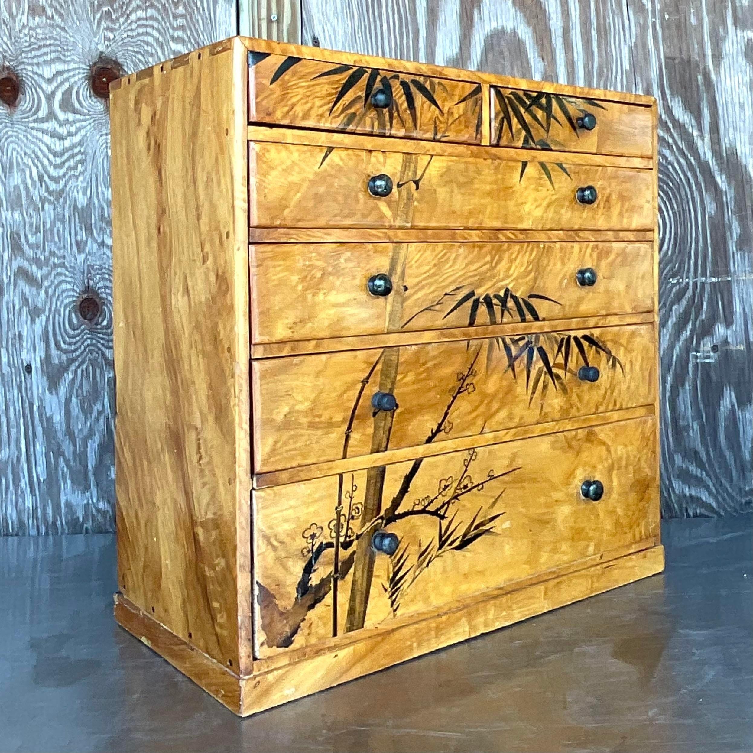 Late 20th Century Vintage Boho Hand Painted Burl Wood Petite Chest of Drawers For Sale 1
