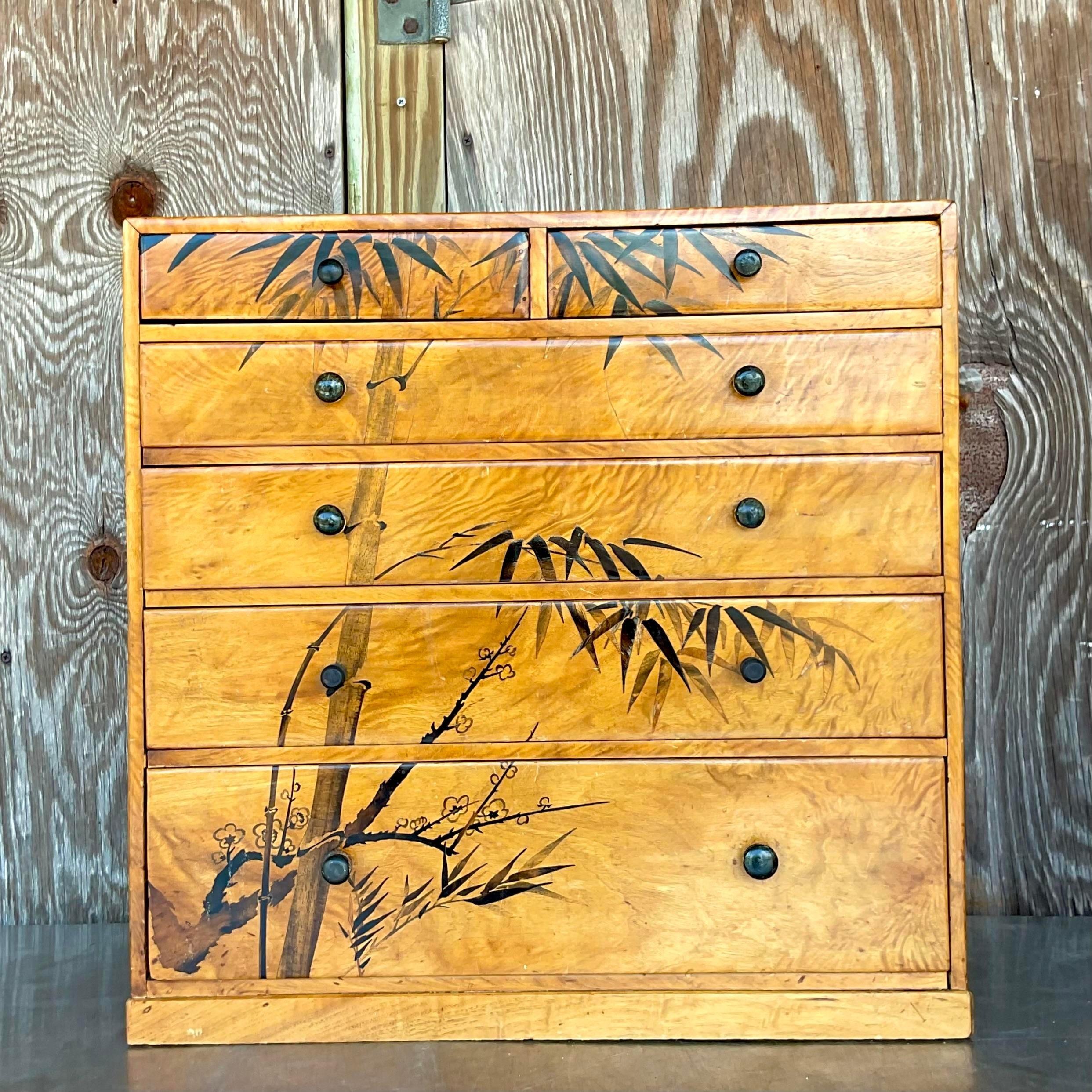 Late 20th Century Vintage Boho Hand Painted Burl Wood Petite Chest of Drawers For Sale 2