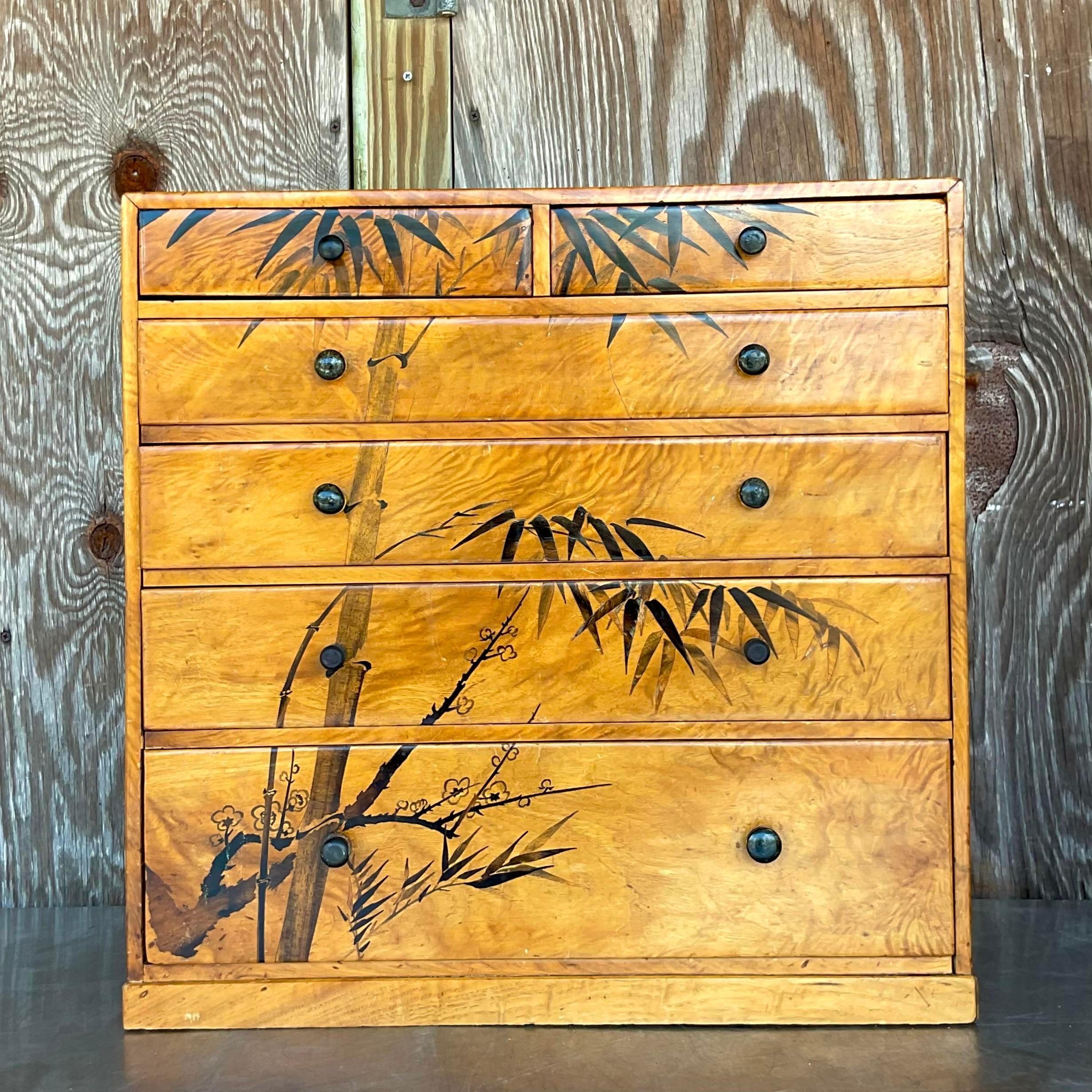 Late 20th Century Vintage Boho Hand Painted Burl Wood Petite Chest of Drawers For Sale 3