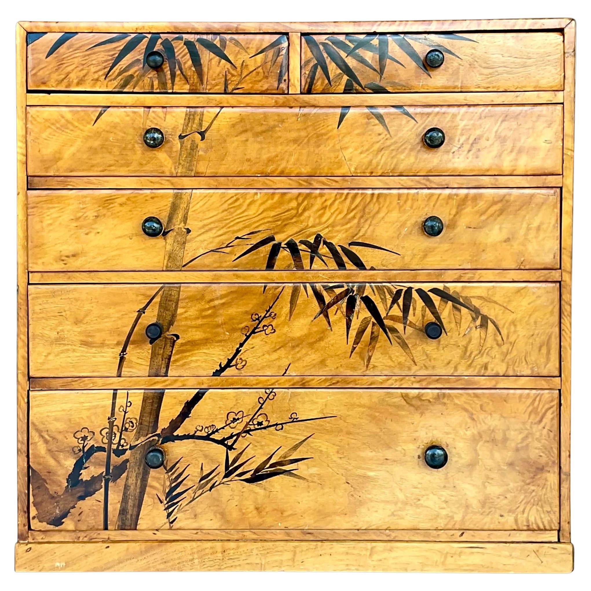 Late 20th Century Vintage Boho Hand Painted Burl Wood Petite Chest of Drawers For Sale
