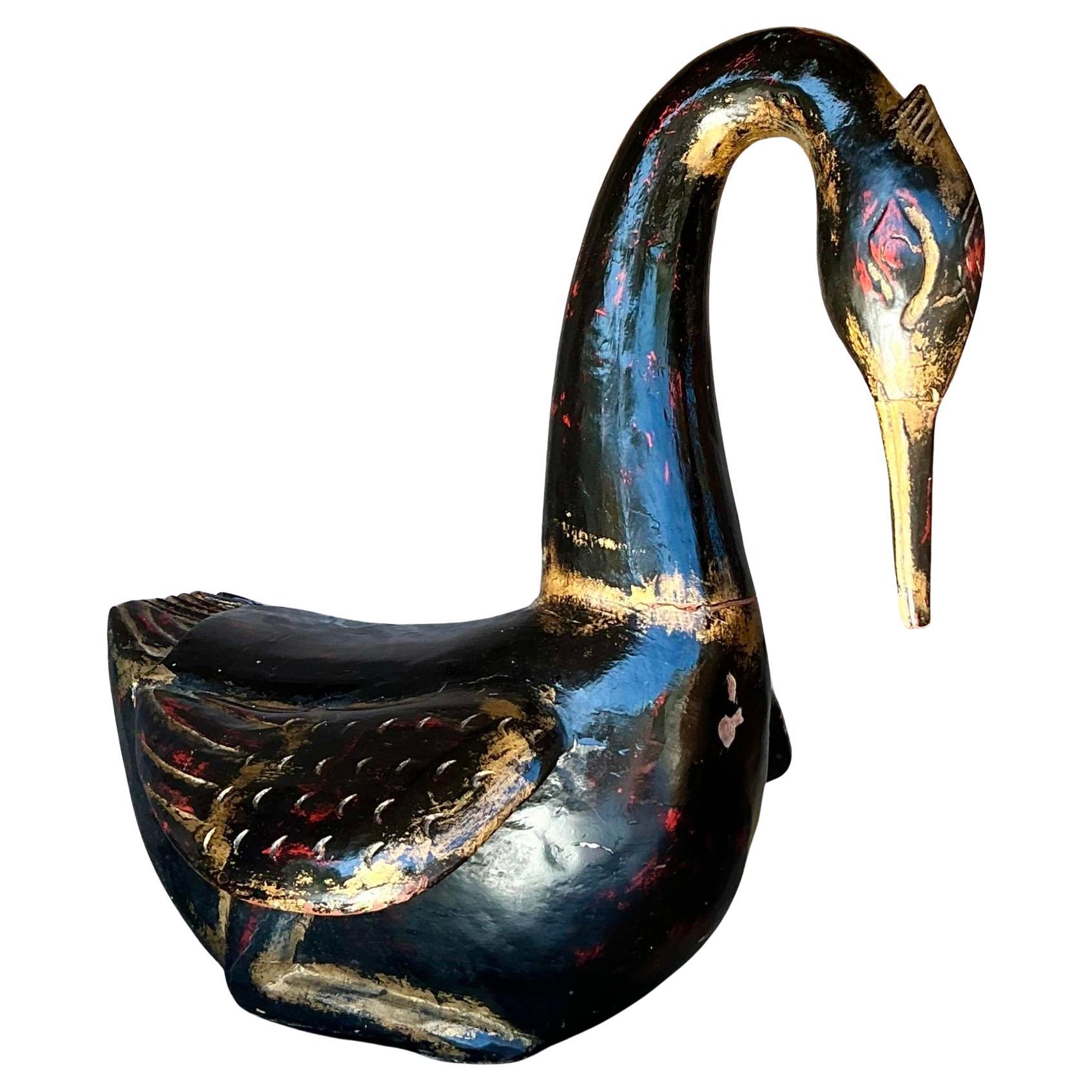 Late 20th Century Vintage Boho Hand Painted Carved Wood Swan