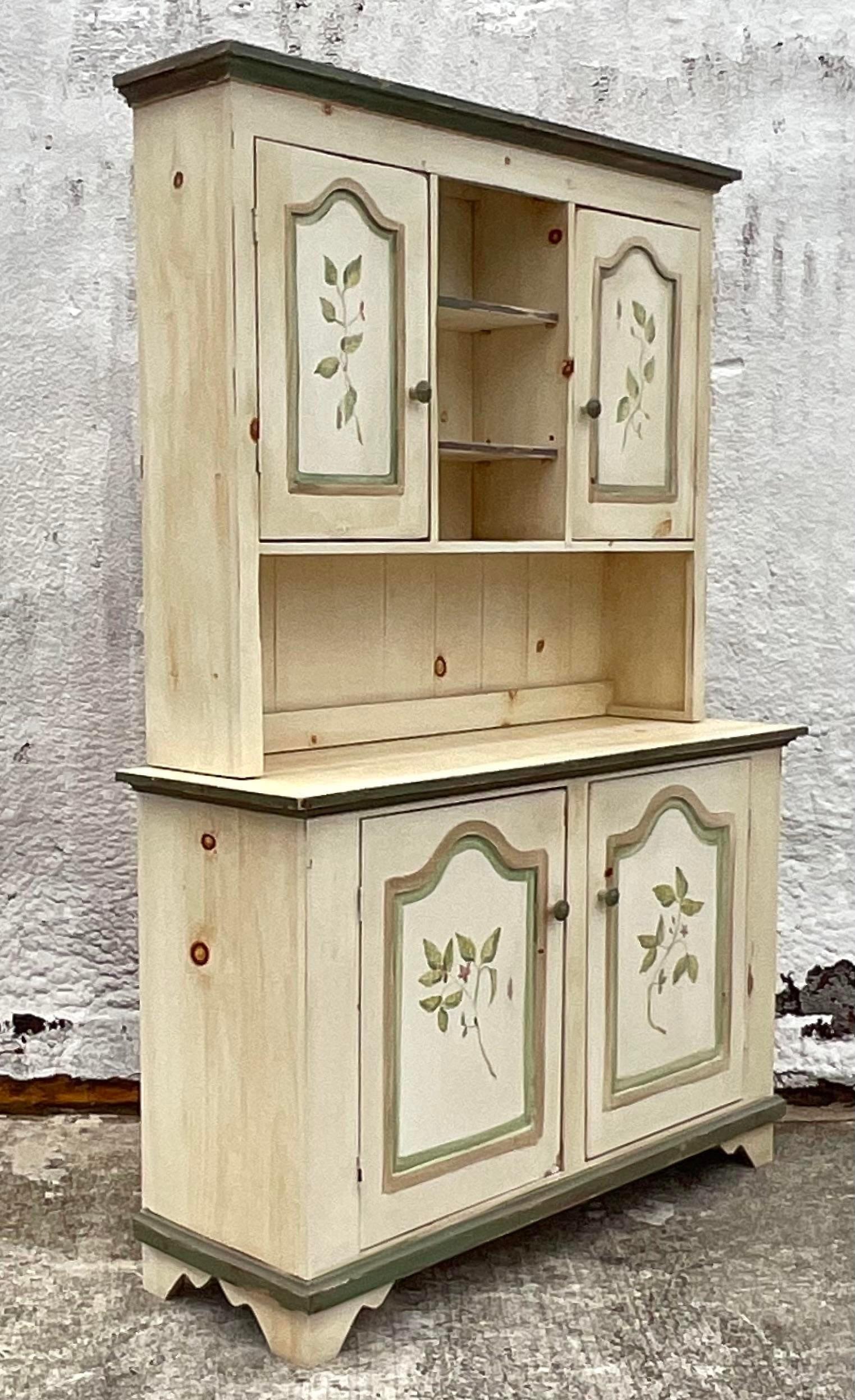 Late 20th Century Vintage Boho Hand Painted Hutch In Good Condition For Sale In west palm beach, FL