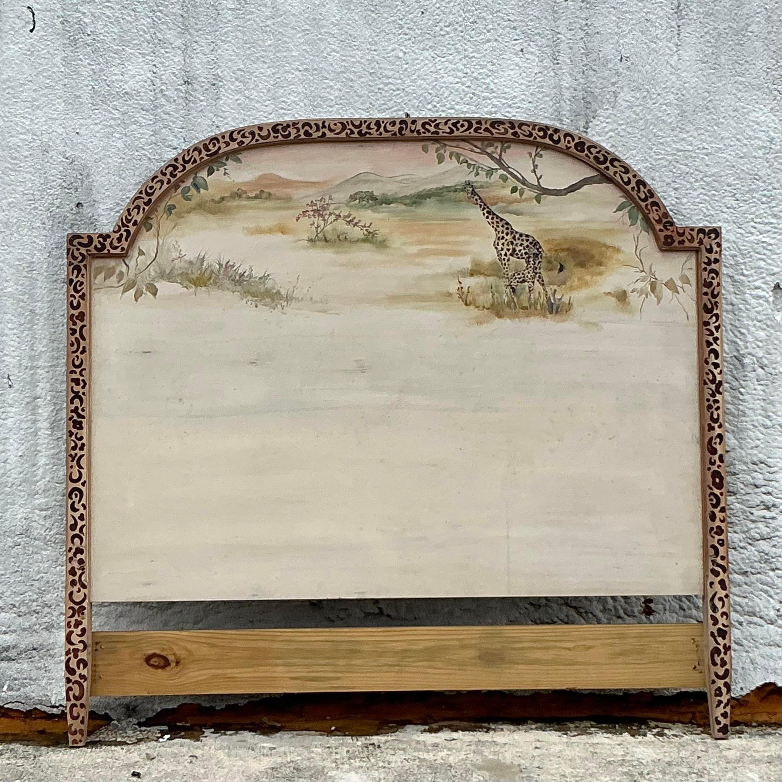 Transform your bedroom with the unique charm of this Vintage Boho Hand Painted Safari Full Headboard. Featuring intricate, hand-painted safari designs, this headboard adds a touch of bohemian elegance and adventurous spirit to your space. Crafted
